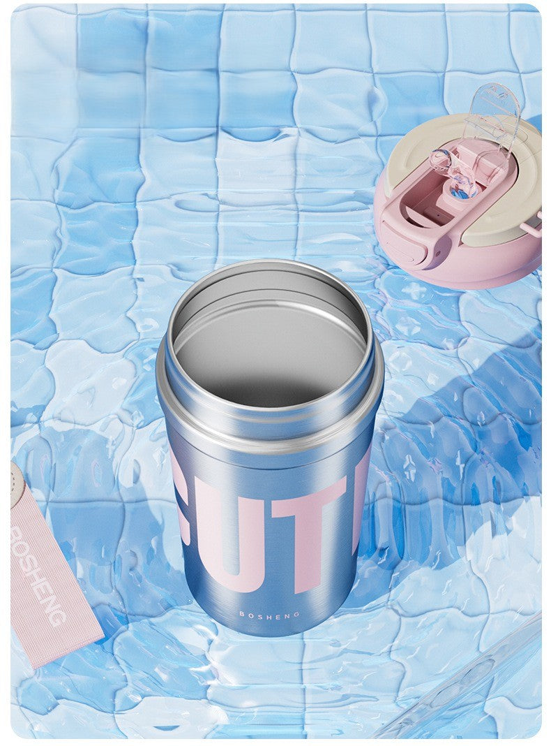 Insulated Stainless Steel Water Bottle with Handle, Flip-Top Lid & Carrying Strap.