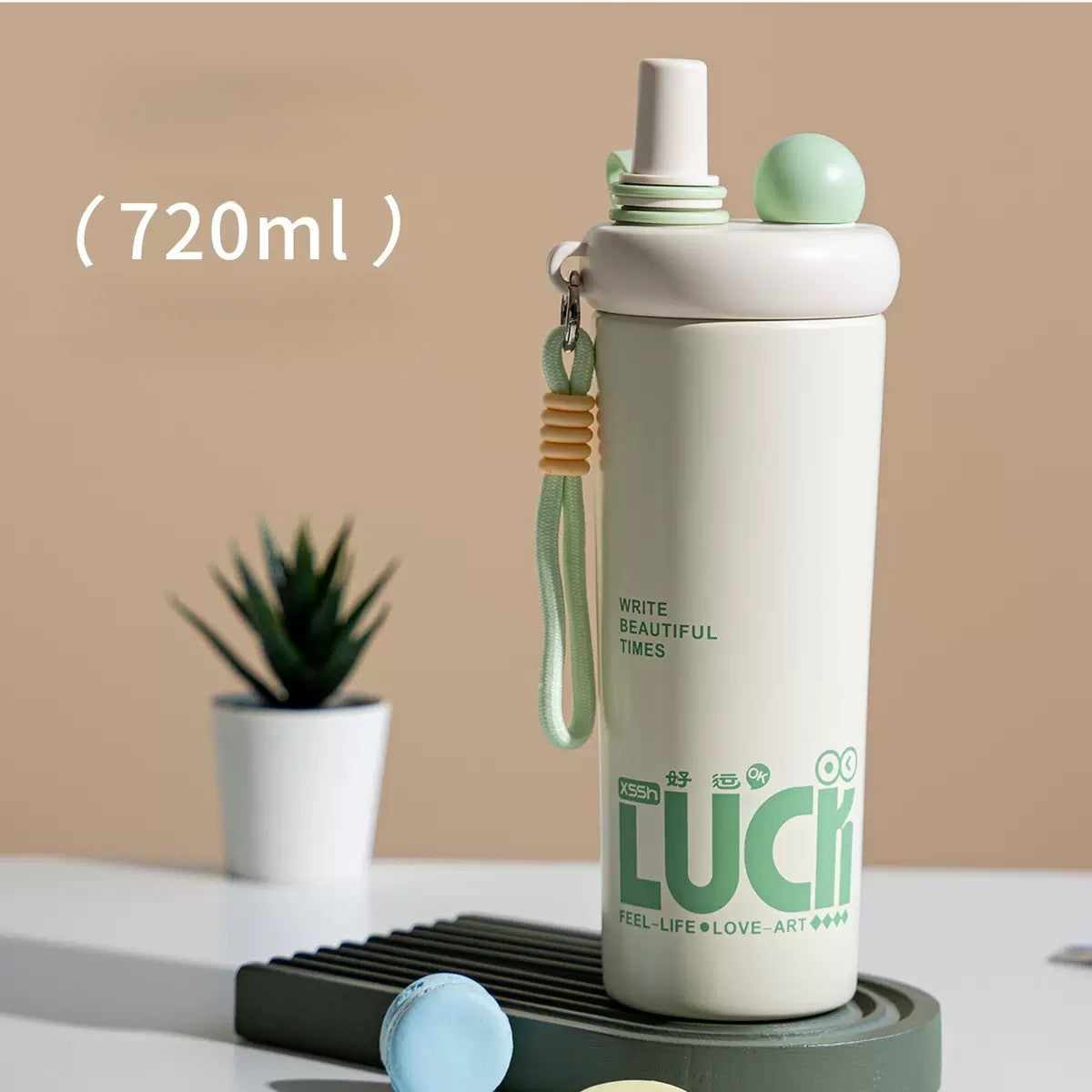 620ml Cute Insulated Water Bottle with Straw, Carrying Strap & Flip-Top Lid