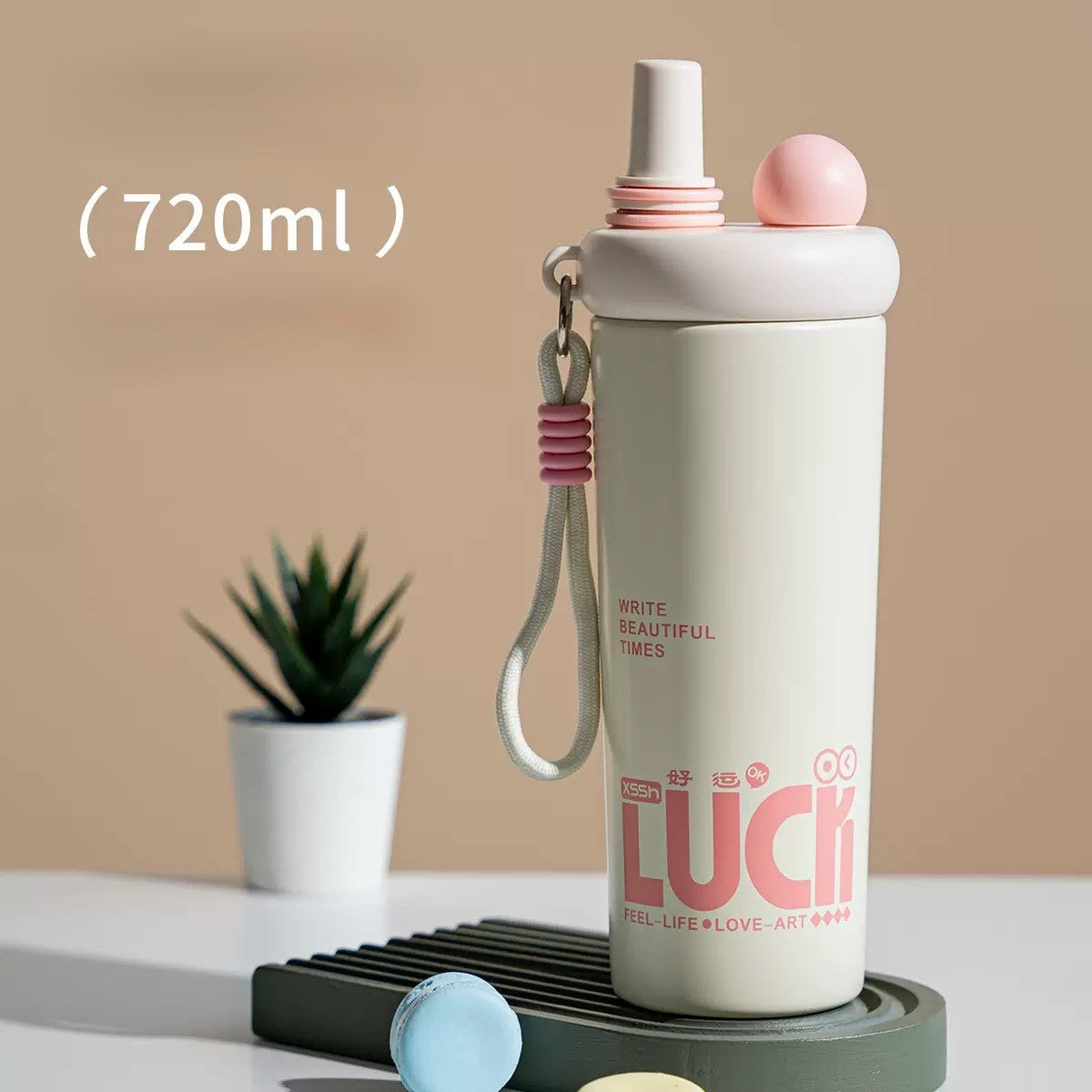 620ml Cute Insulated Water Bottle with Straw, Carrying Strap & Flip-Top Lid
