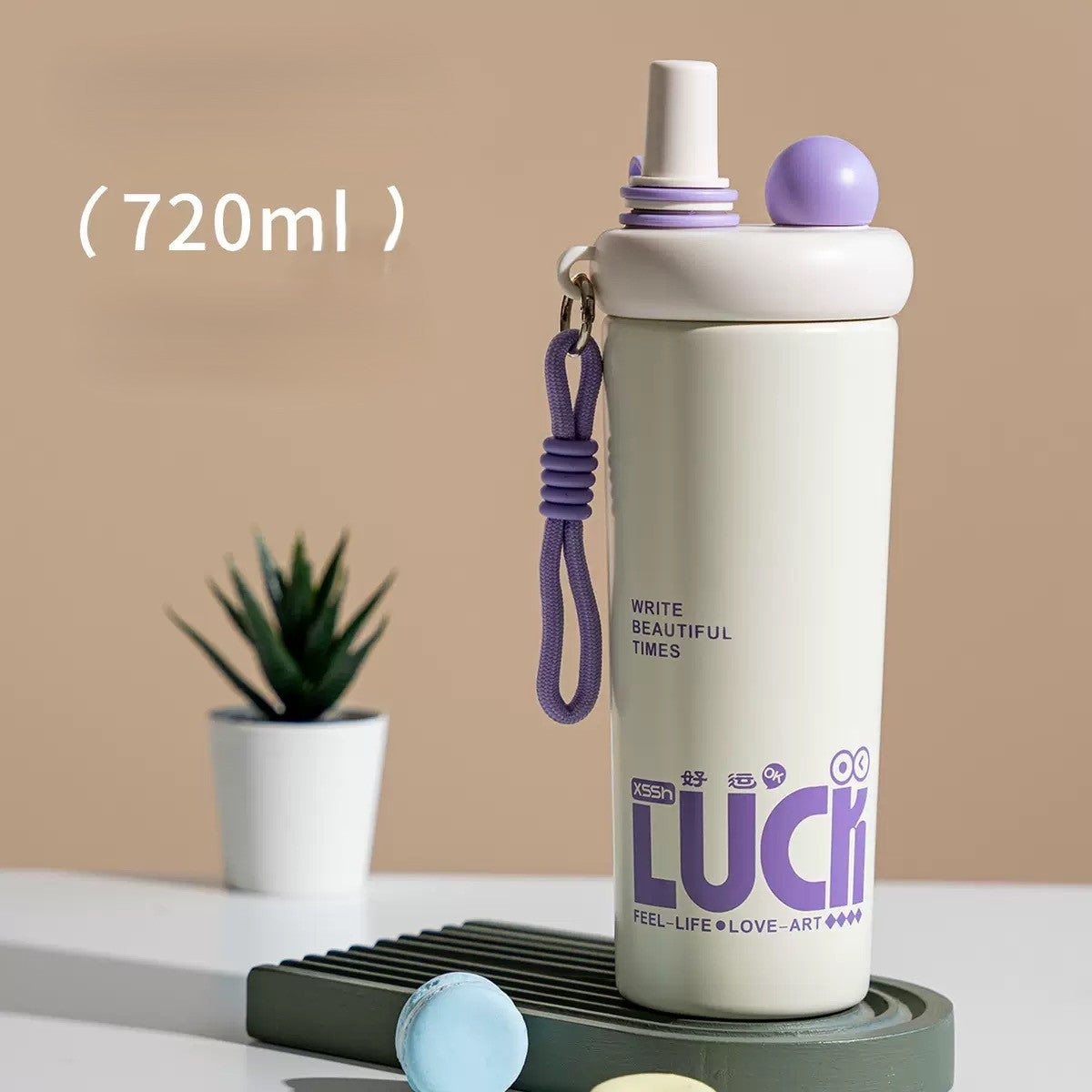 620ml Cute Insulated Water Bottle with Straw, Carrying Strap & Flip-Top Lid