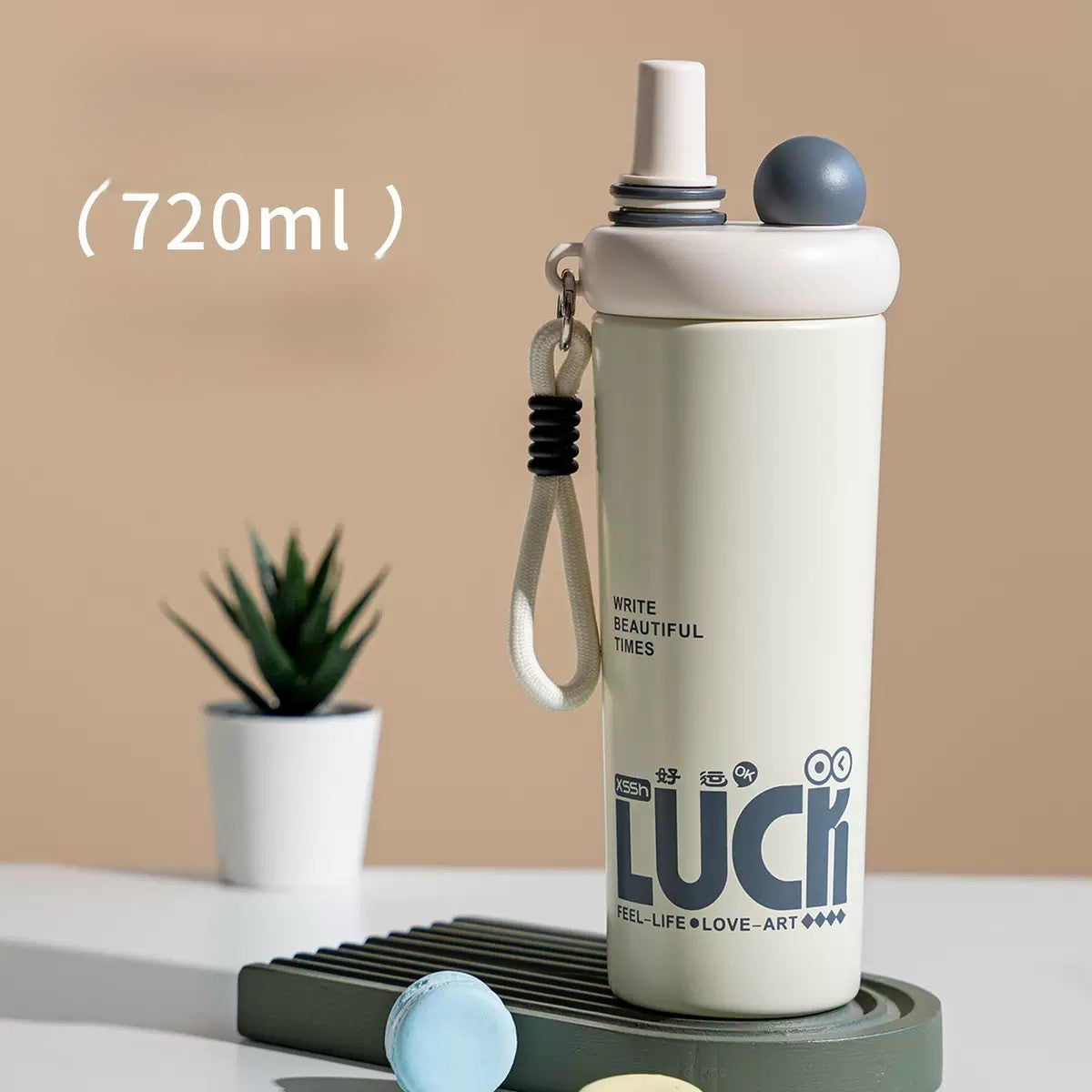 620ml Cute Insulated Water Bottle with Straw, Carrying Strap & Flip-Top Lid