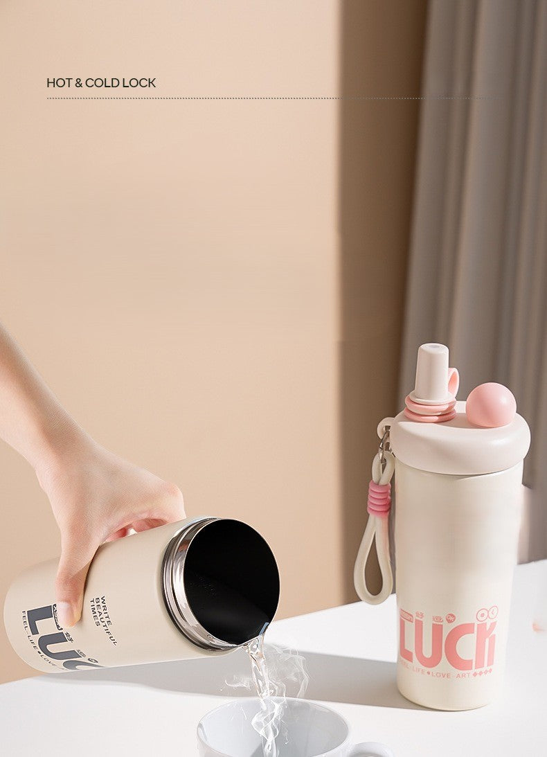620ml Cute Insulated Water Bottle with Straw, Carrying Strap & Flip-Top Lid