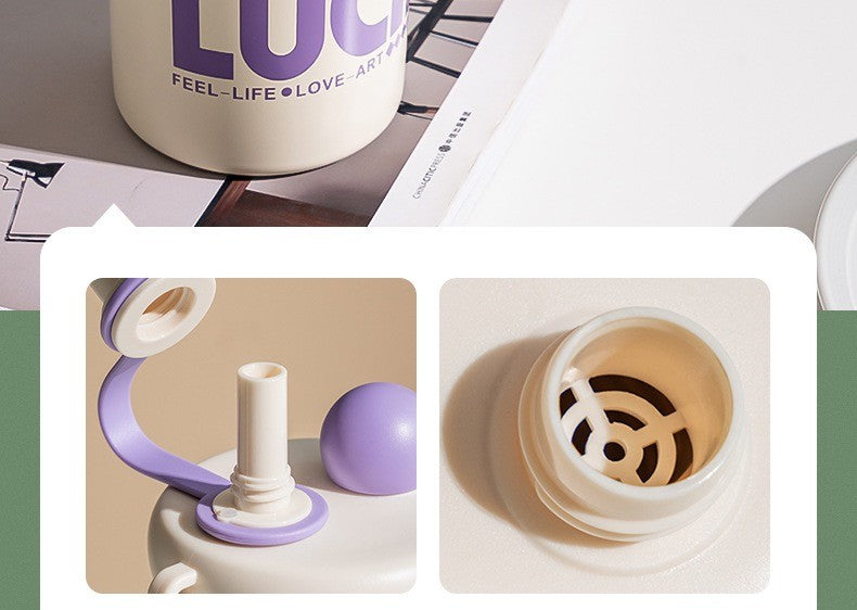 620ml Cute Insulated Water Bottle with Straw, Carrying Strap & Flip-Top Lid