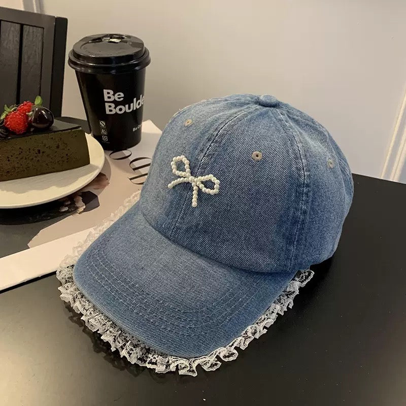 Women's Denim Baseball Cap with Pearl Bow and Ruffled Lace Trim