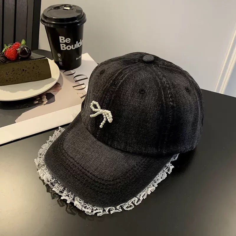 Women's Denim Baseball Cap with Pearl Bow and Ruffled Lace Trim