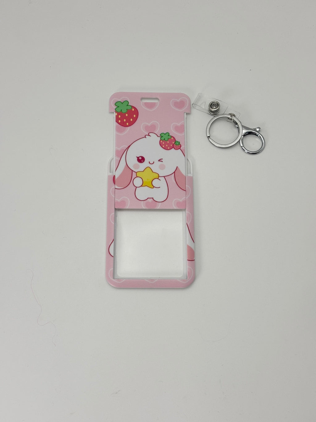 Strawberry Bunny Kawaii Name Tag Holder Keychain – Cute Pink Badge Case