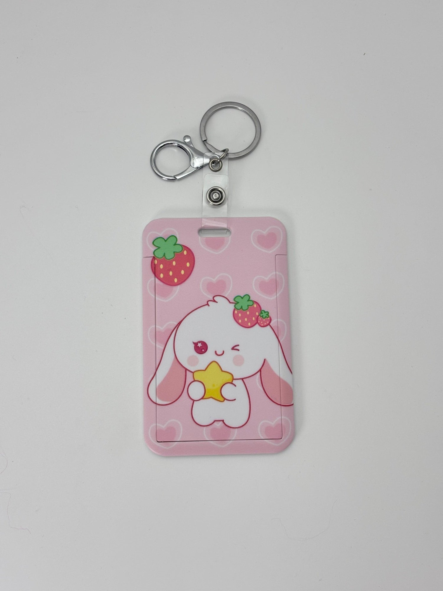 Strawberry Bunny Kawaii Name Tag Holder Keychain – Cute Pink Badge Case