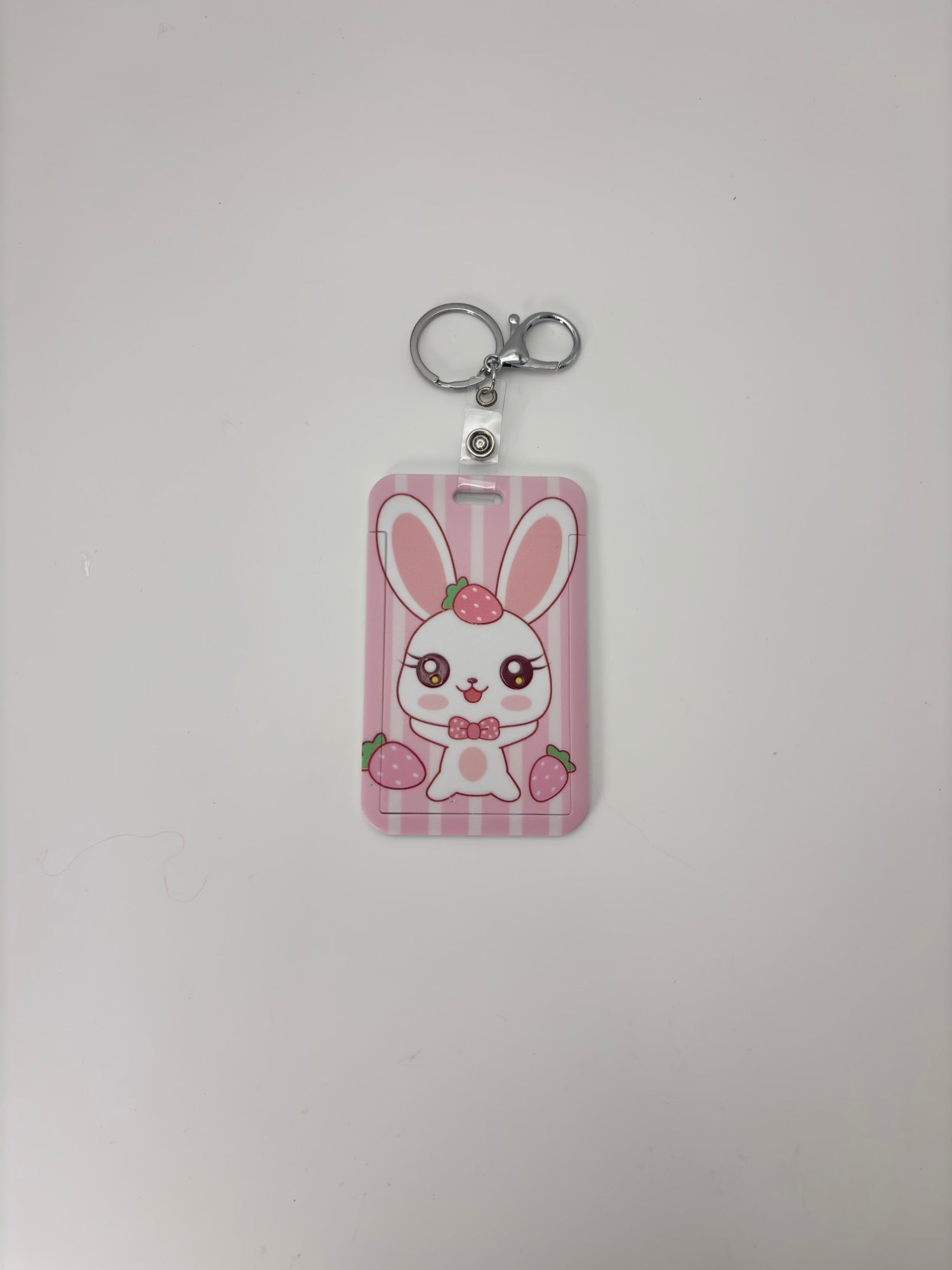 Strawberry Bunny Name Tag Holder Keychain – Cute Pink Kawaii Badge Holder