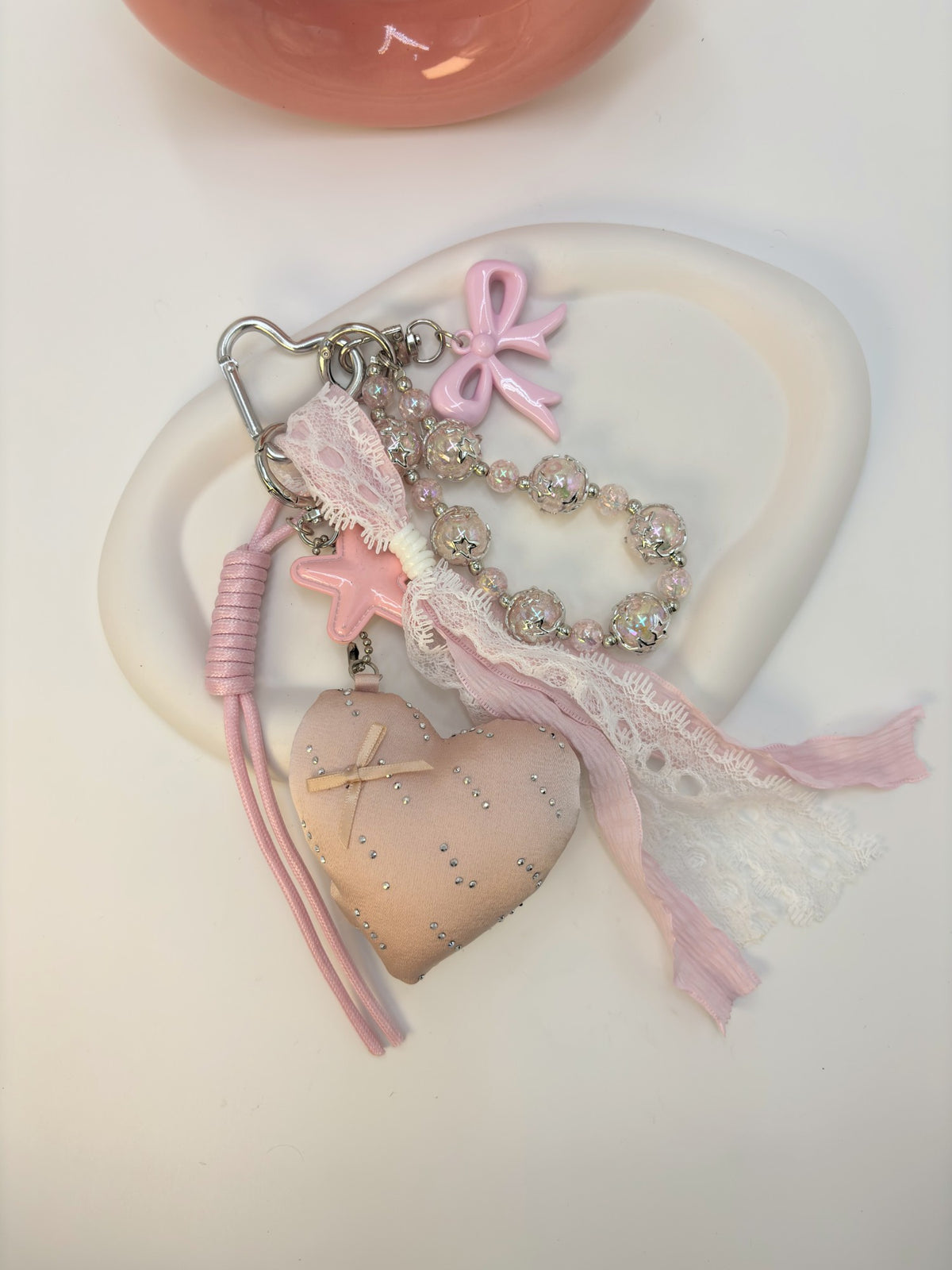 Coquette Tufted Heart & Pearl Beaded Lace Bow Bag Charm