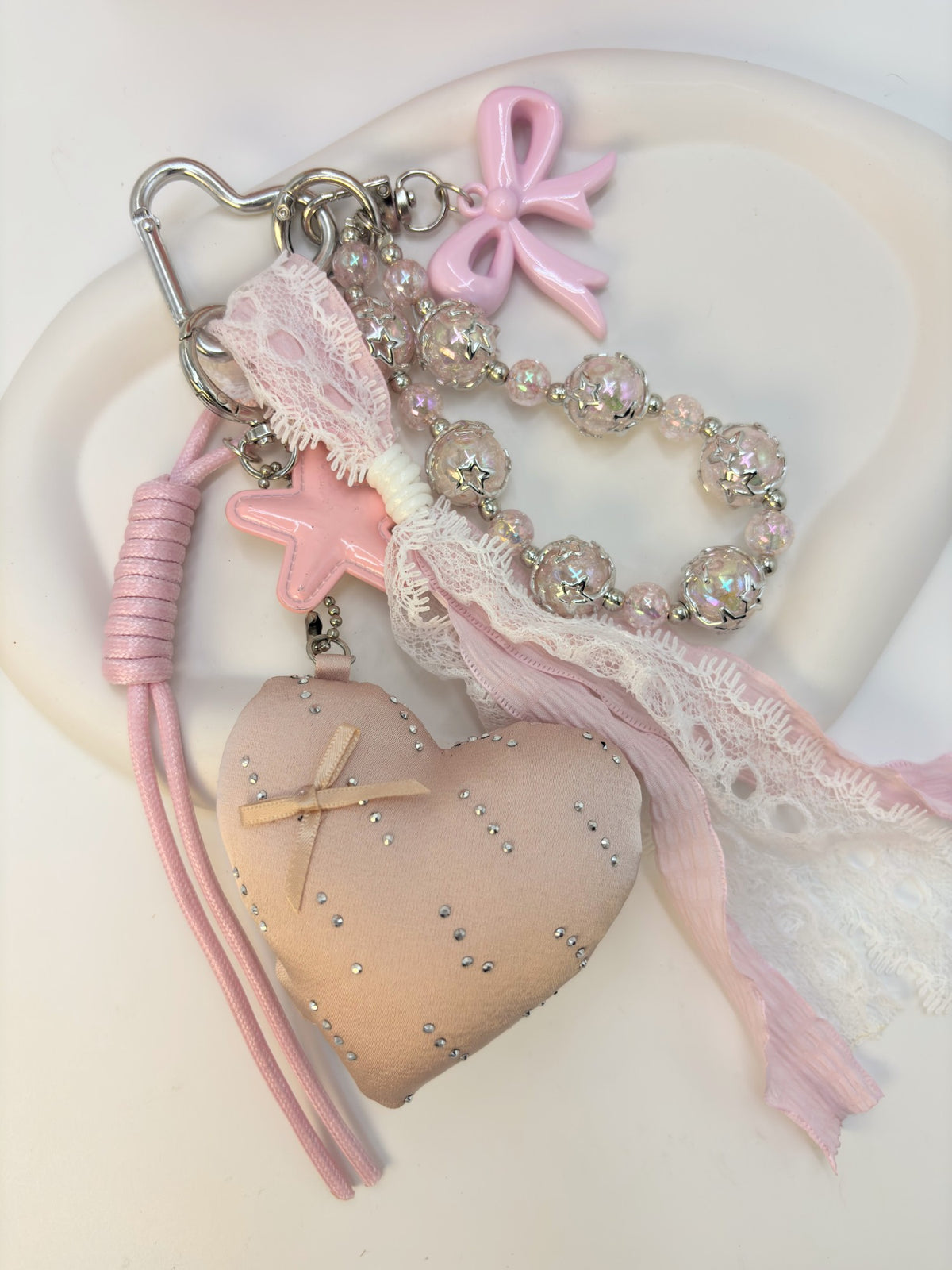 Coquette Tufted Heart & Pearl Beaded Lace Bow Bag Charm