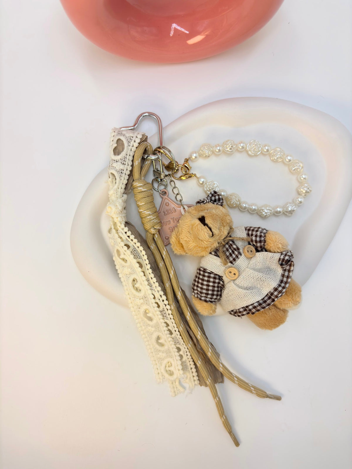Teddy Bear Gingham Dress & Pearl Bag Charm