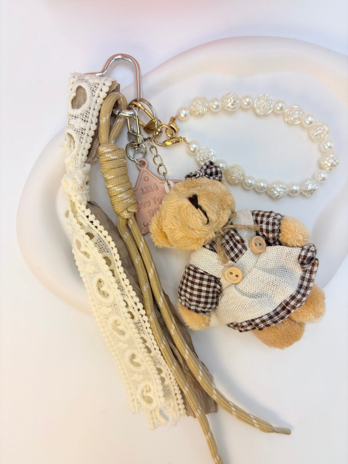 Teddy Bear Gingham Dress & Pearl Bag Charm