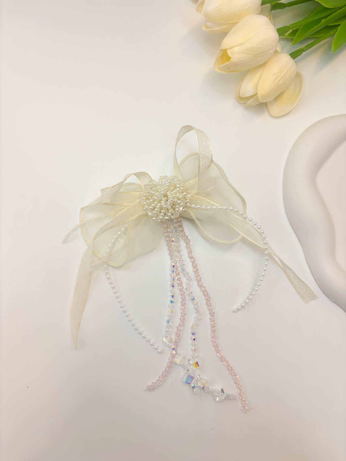 Embellished Sheer Organza Ribbon Bow Hair Clip with Long Beaded Tassels