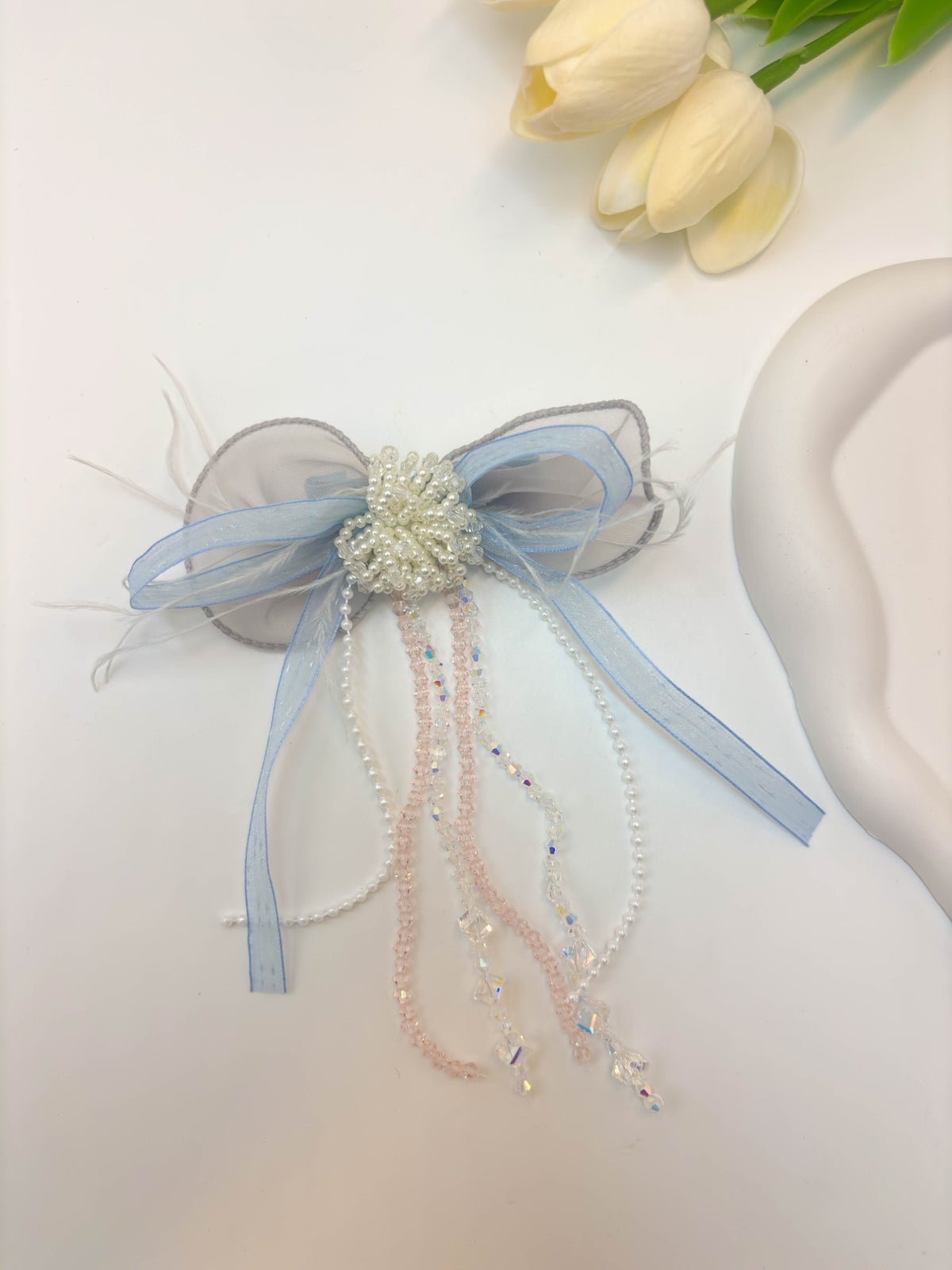 Embellished Sheer Organza Ribbon Bow Hair Clip with Long Beaded Tassels
