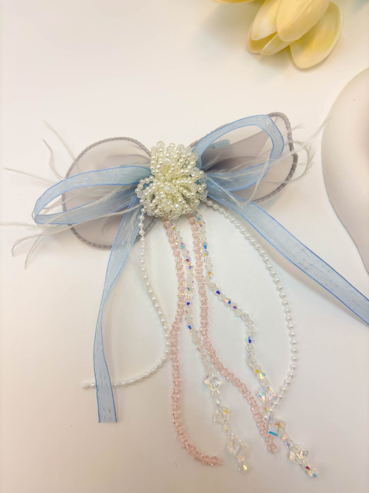Embellished Sheer Organza Ribbon Bow Hair Clip with Long Beaded Tassels