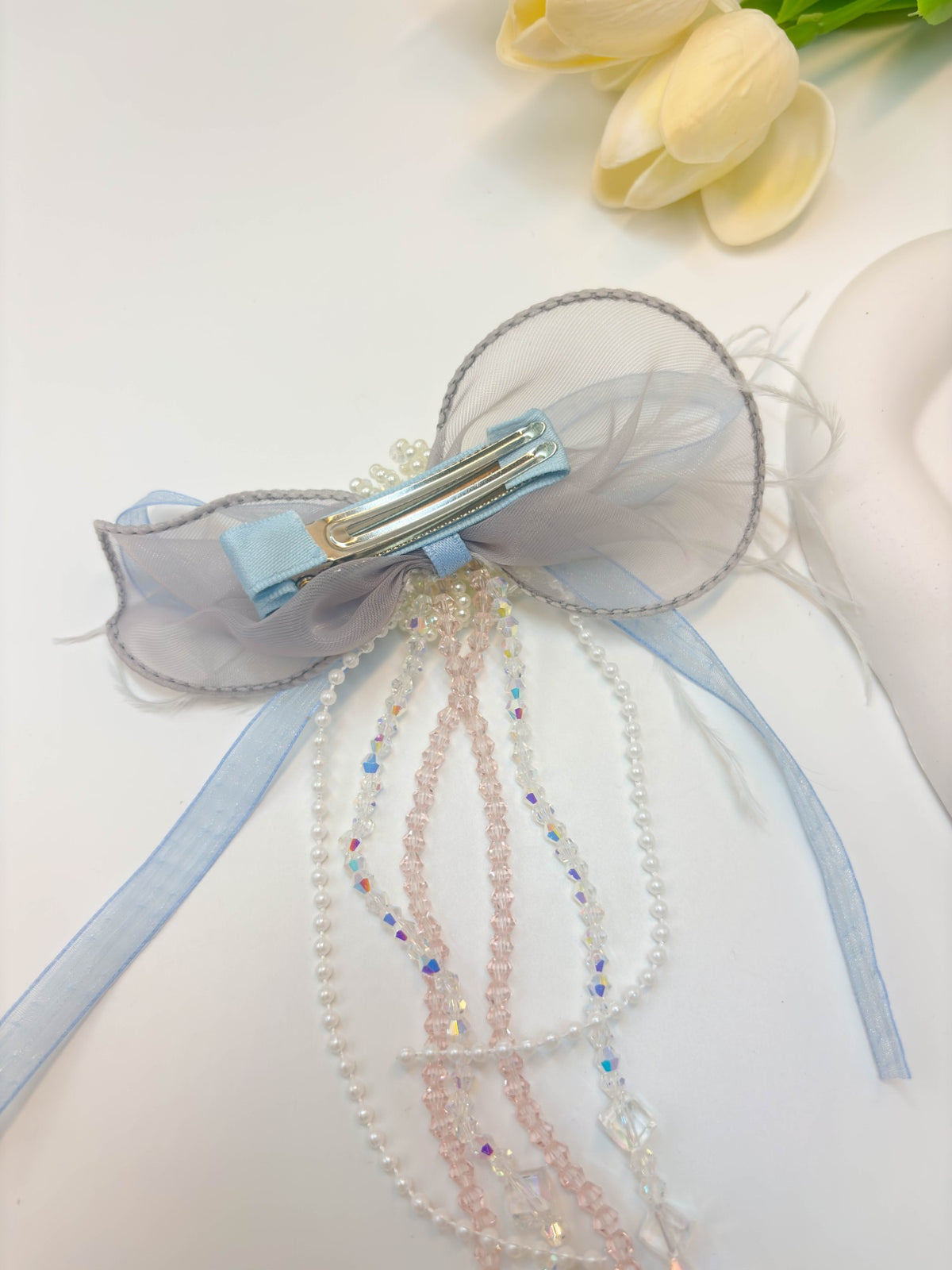Embellished Sheer Organza Ribbon Bow Hair Clip with Long Beaded Tassels