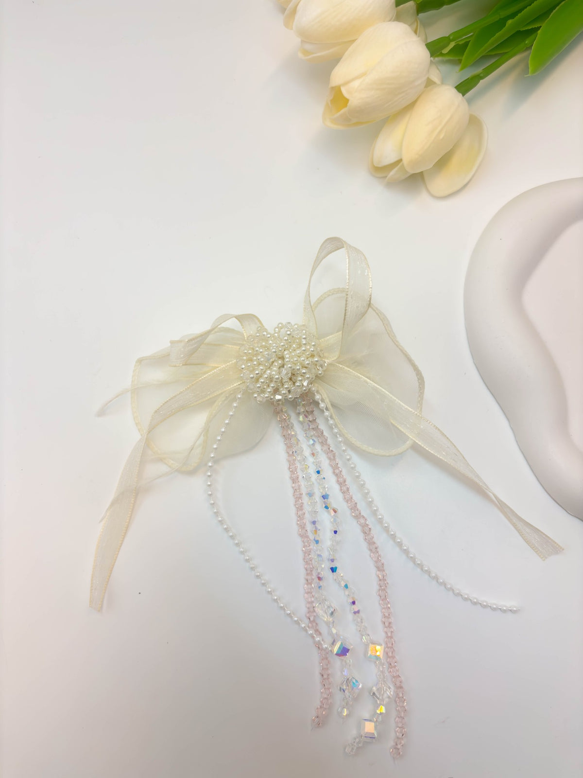 Embellished Sheer Organza Ribbon Bow Hair Clip with Long Beaded Tassels