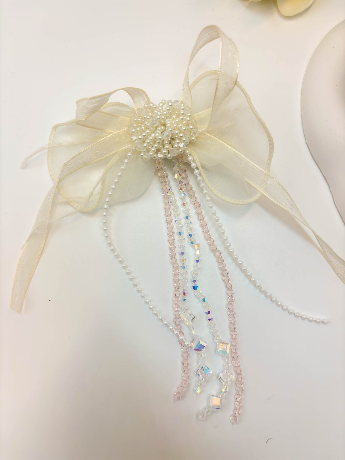 Embellished Sheer Organza Ribbon Bow Hair Clip with Long Beaded Tassels