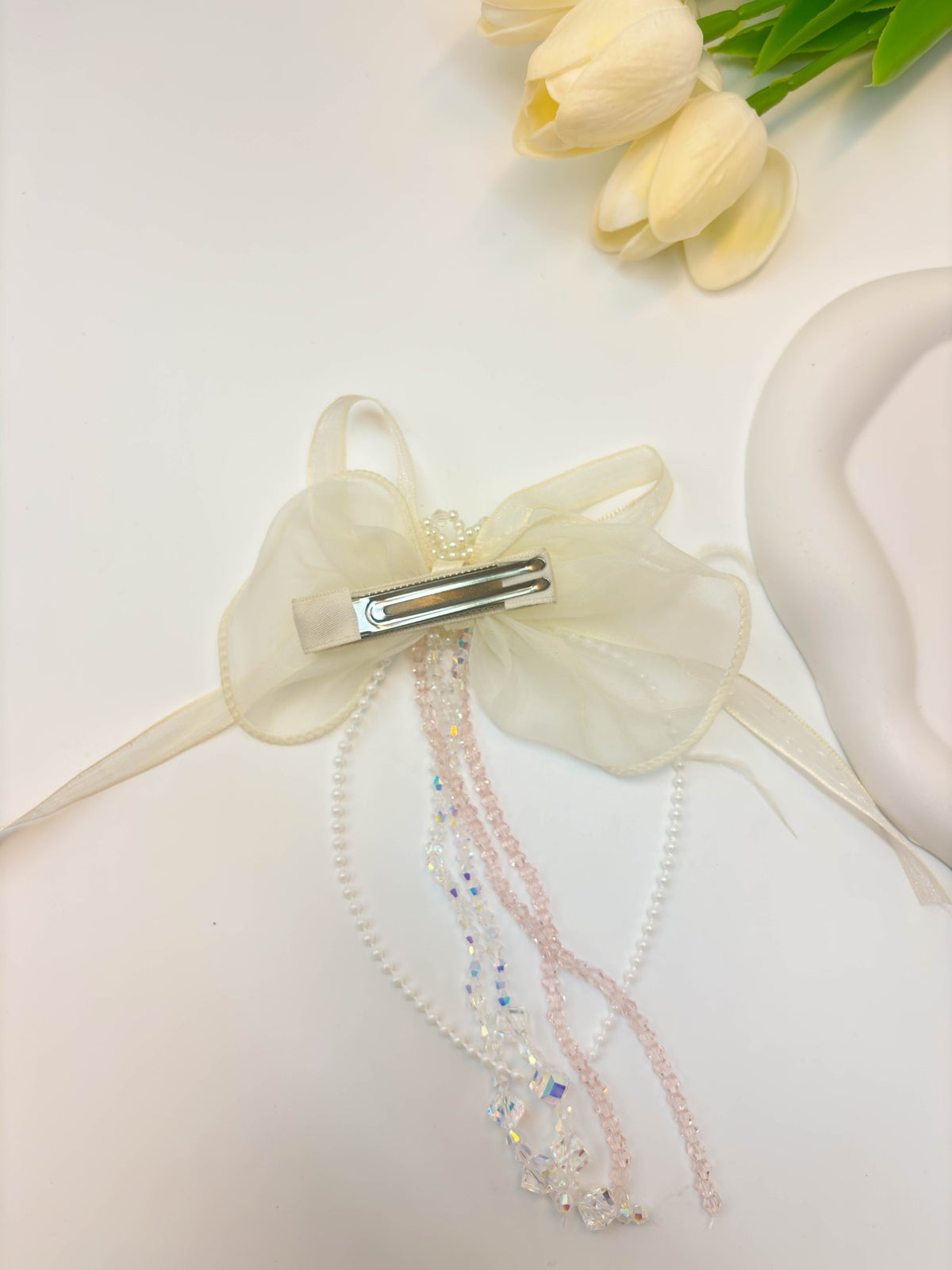 Embellished Sheer Organza Ribbon Bow Hair Clip with Long Beaded Tassels