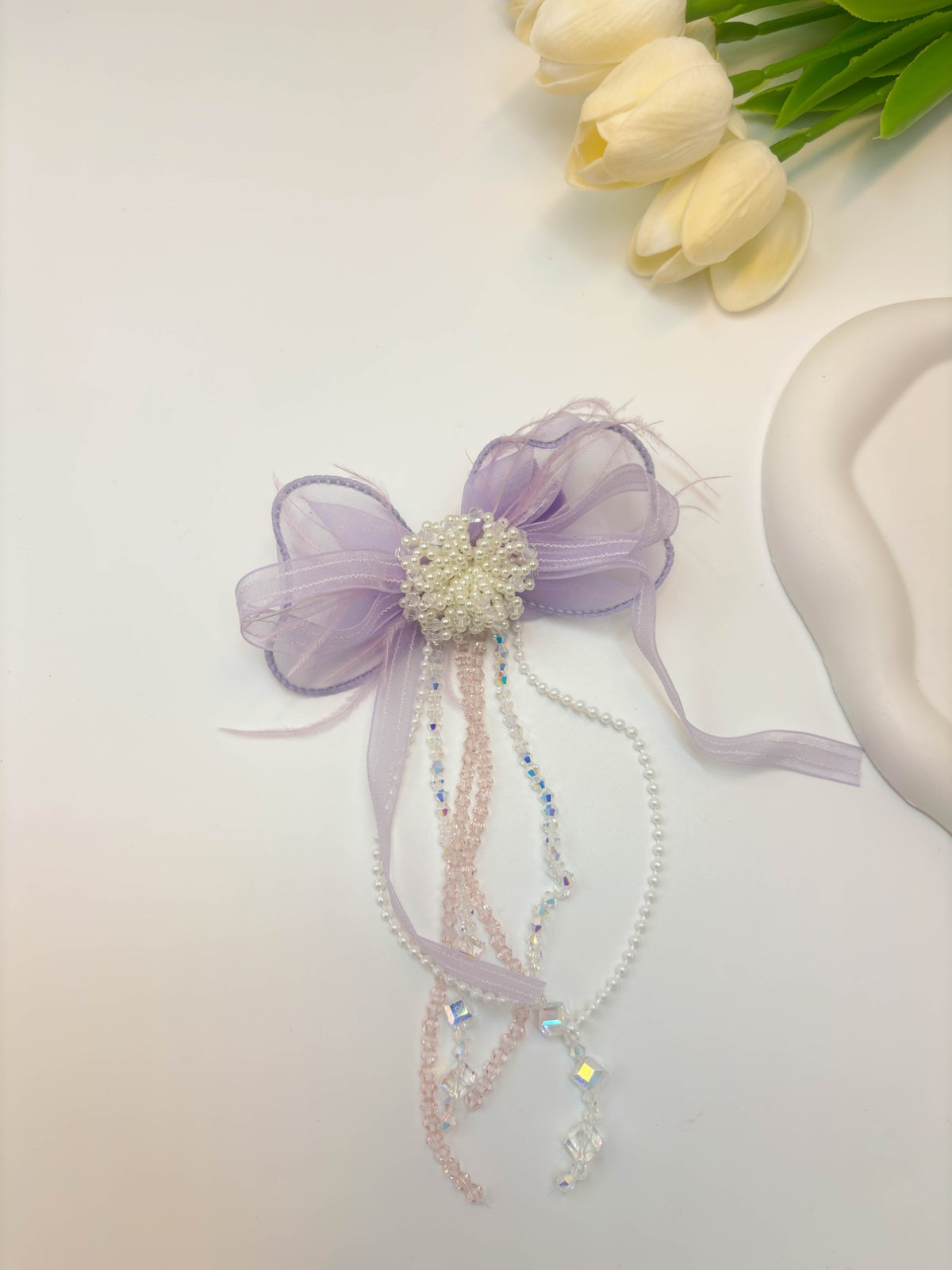 Embellished Sheer Organza Ribbon Bow Hair Clip with Long Beaded Tassels