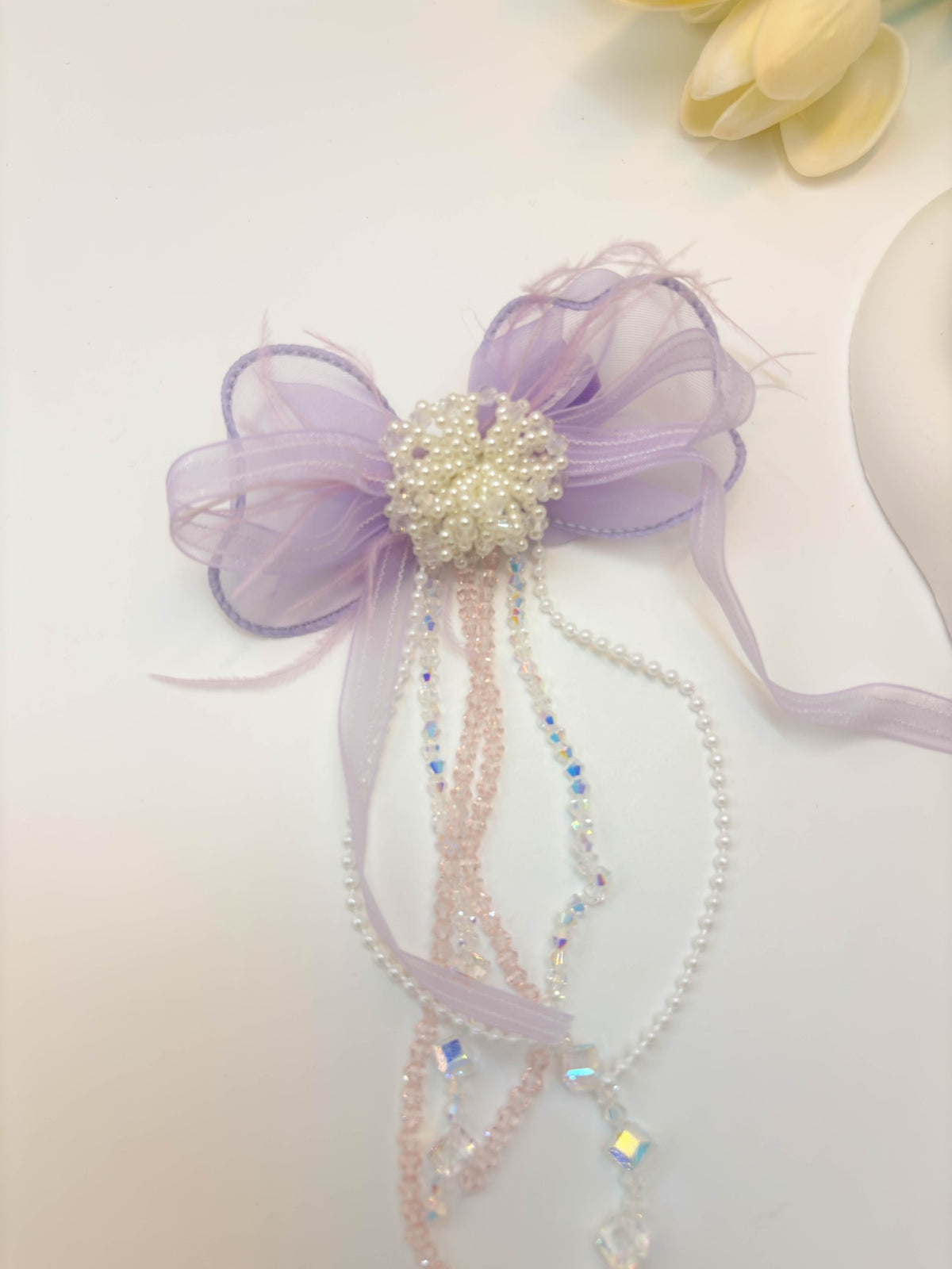 Embellished Sheer Organza Ribbon Bow Hair Clip with Long Beaded Tassels