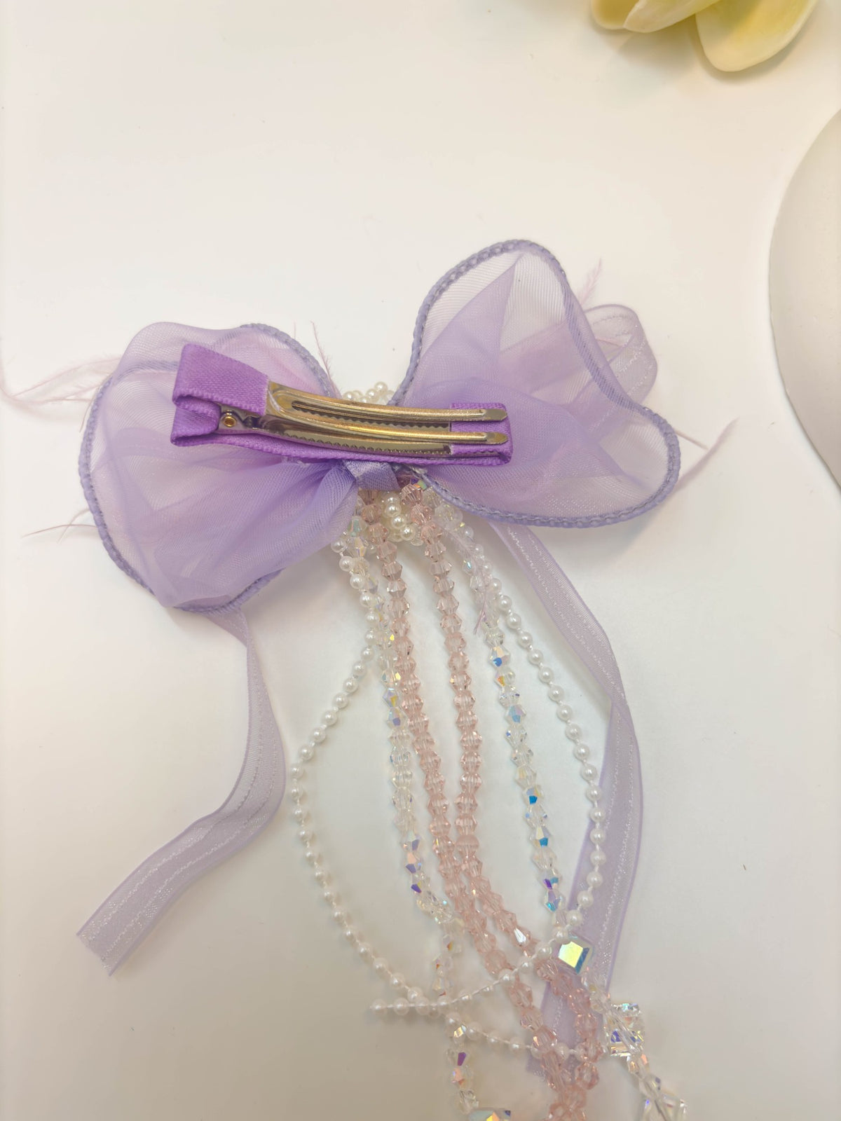 Embellished Sheer Organza Ribbon Bow Hair Clip with Long Beaded Tassels