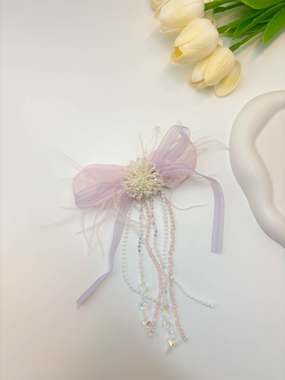 Embellished Sheer Organza Ribbon Bow Hair Clip with Long Beaded Tassels