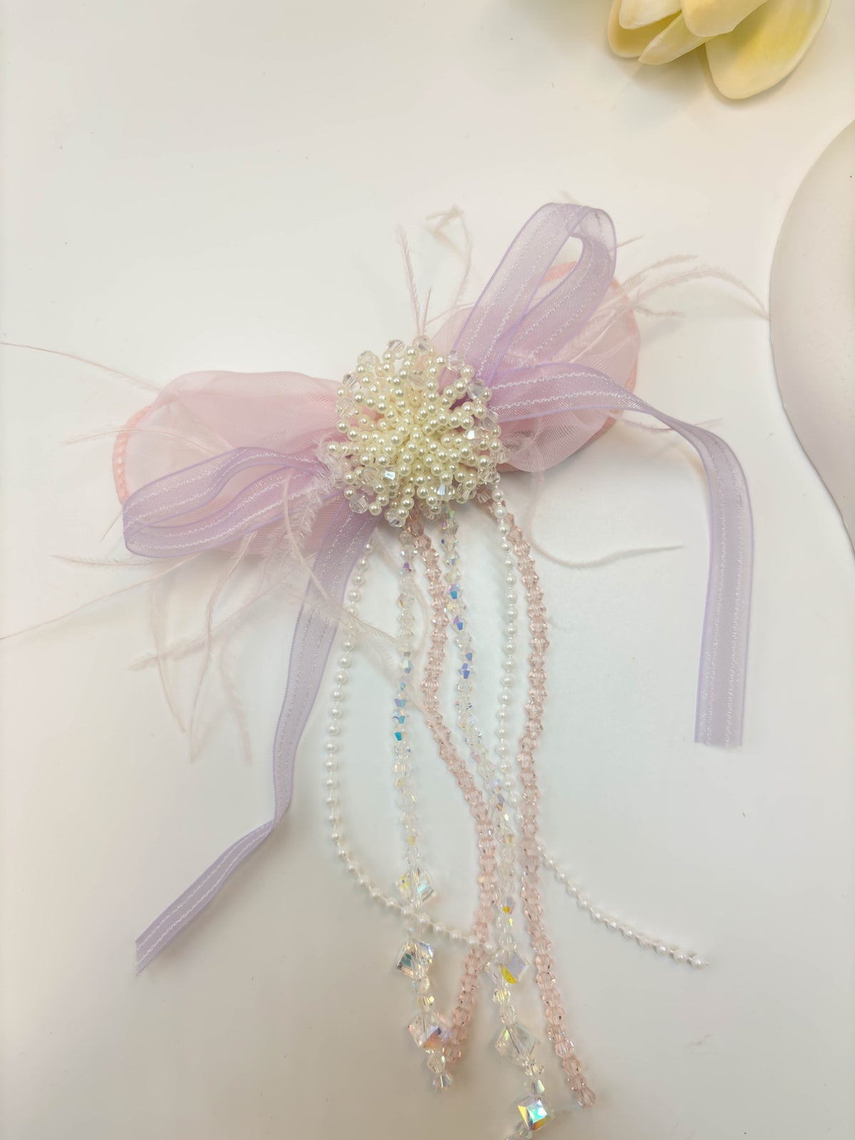 Embellished Sheer Organza Ribbon Bow Hair Clip with Long Beaded Tassels