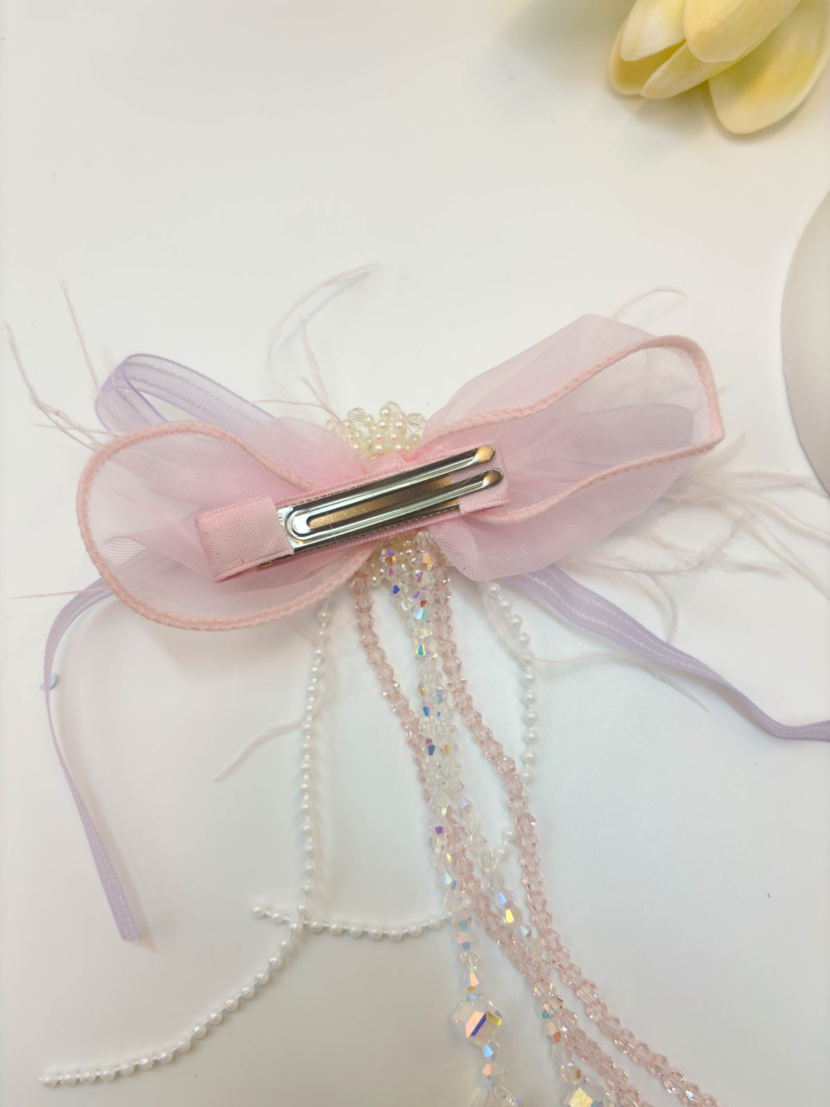 Embellished Sheer Organza Ribbon Bow Hair Clip with Long Beaded Tassels