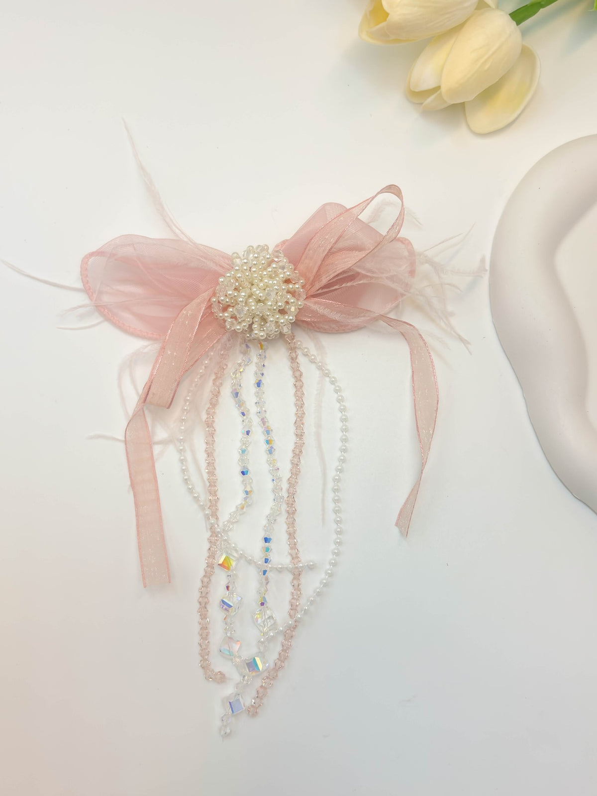 Embellished Sheer Organza Ribbon Bow Hair Clip with Long Beaded Tassels