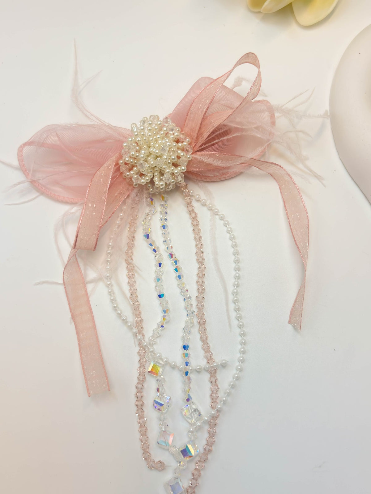 Embellished Sheer Organza Ribbon Bow Hair Clip with Long Beaded Tassels
