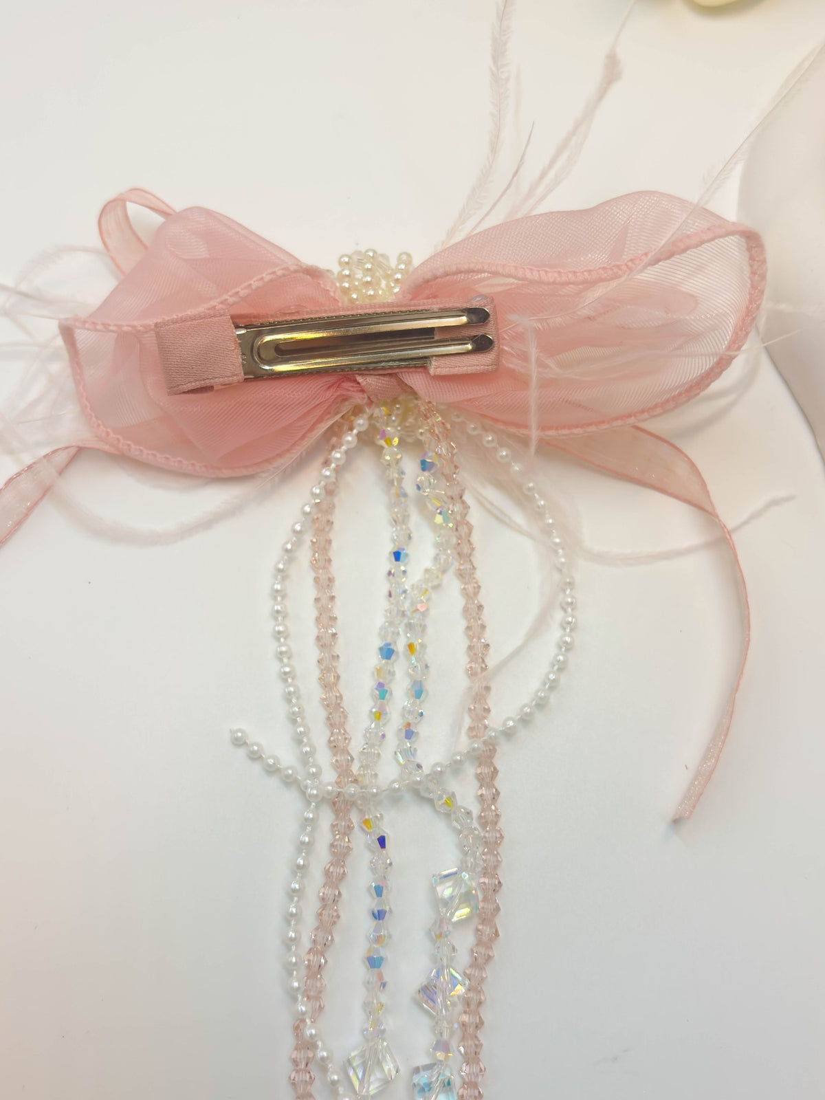 Embellished Sheer Organza Ribbon Bow Hair Clip with Long Beaded Tassels