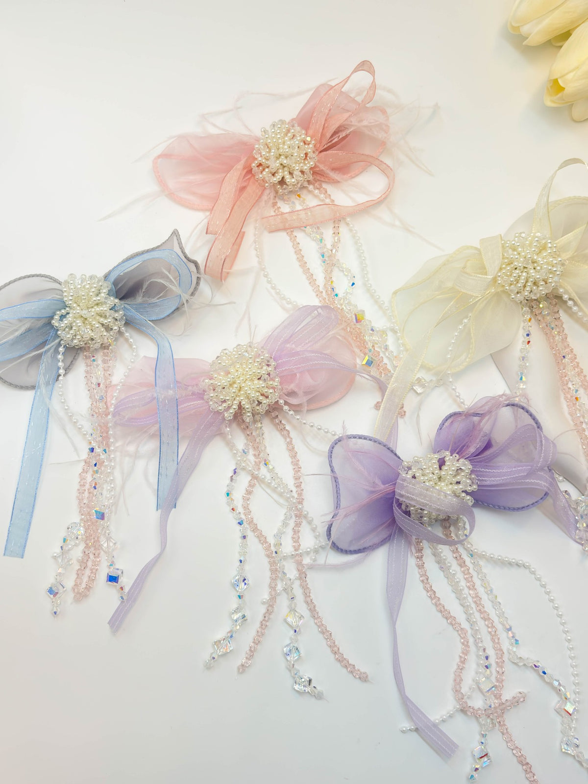 Embellished Sheer Organza Ribbon Bow Hair Clip with Long Beaded Tassels