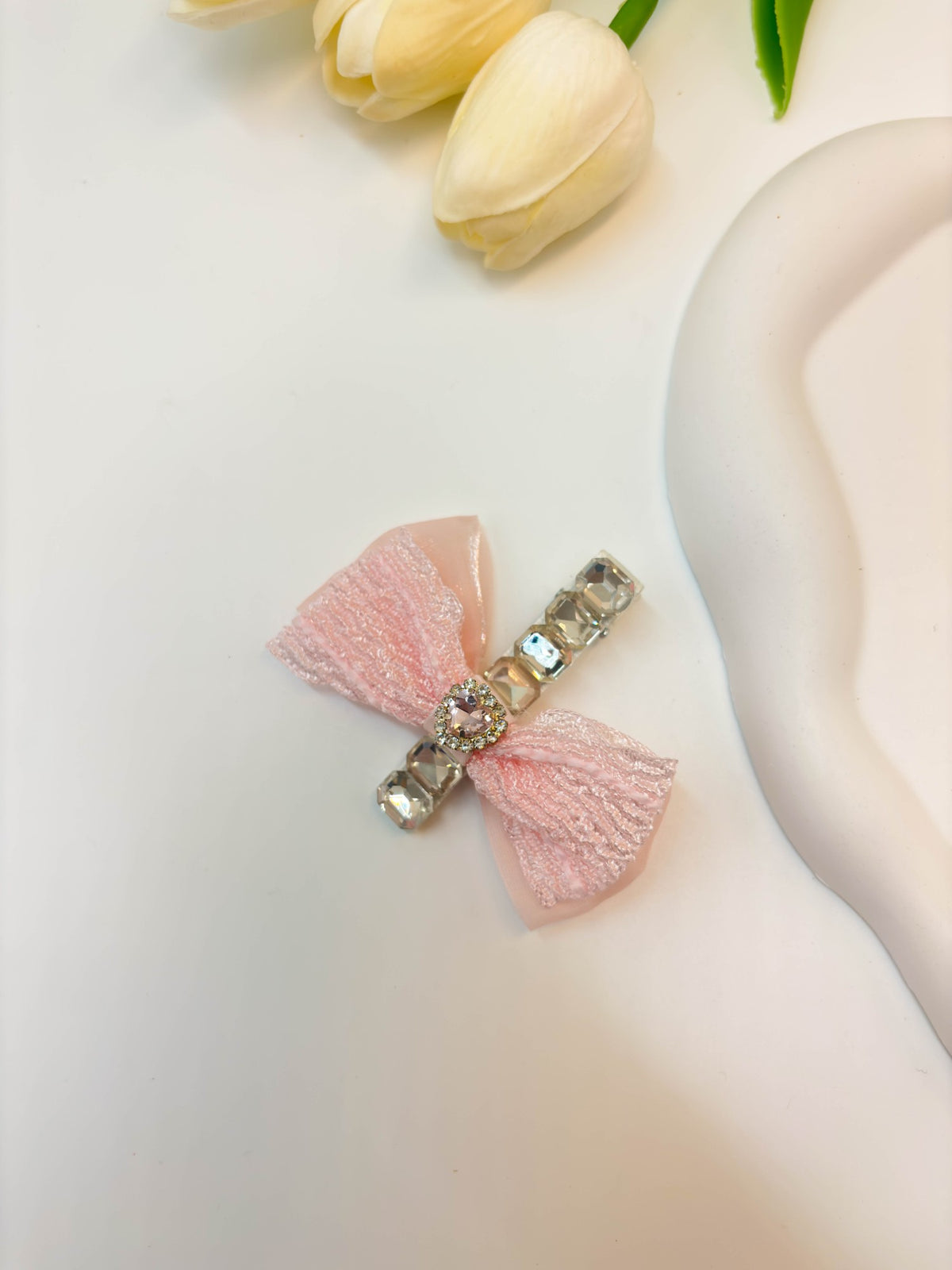 Embellished Sheer Lace Ribbon Bow Hair Clip with Central Heart Crystal