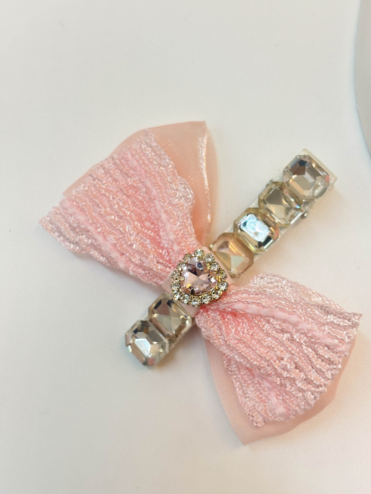Embellished Sheer Lace Ribbon Bow Hair Clip with Central Heart Crystal