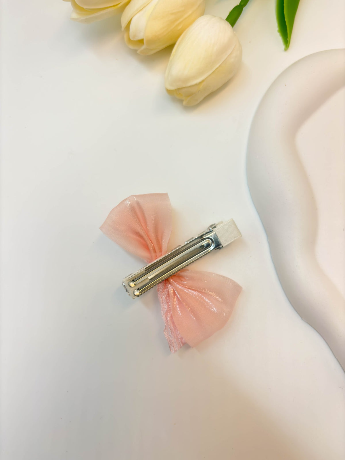 Embellished Sheer Lace Ribbon Bow Hair Clip with Central Heart Crystal