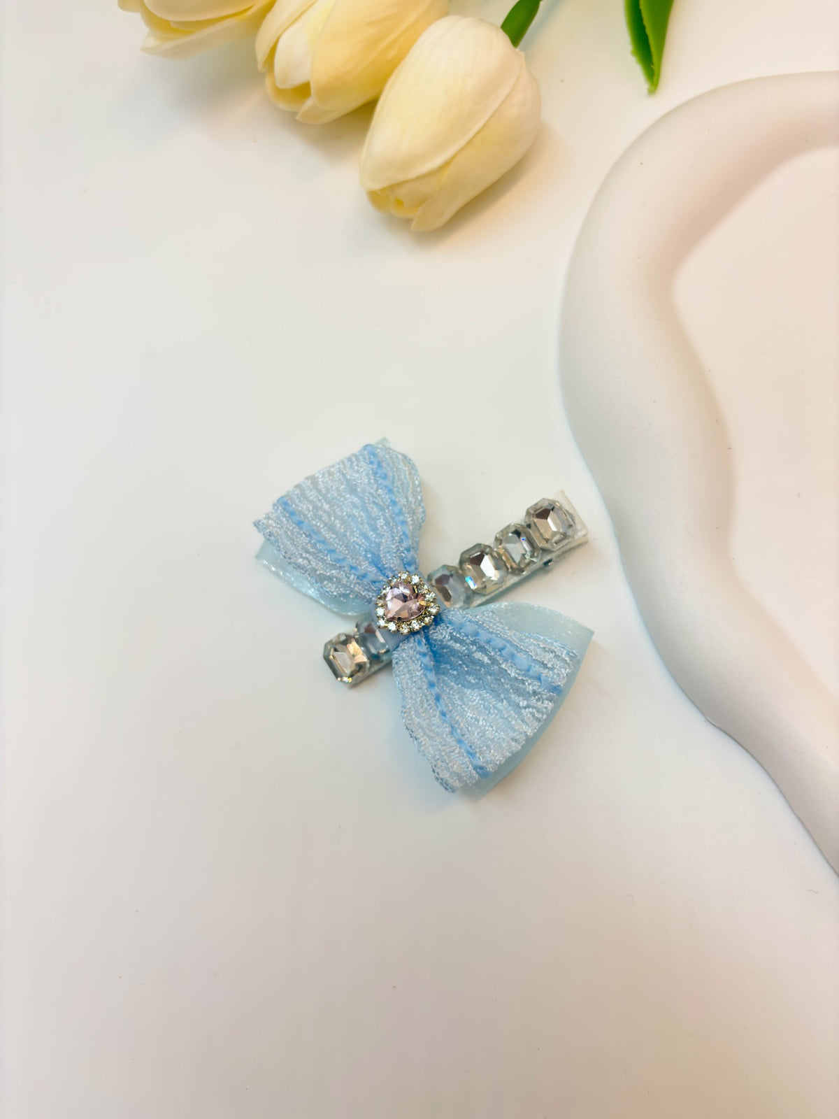 Embellished Sheer Lace Ribbon Bow Hair Clip with Central Heart Crystal