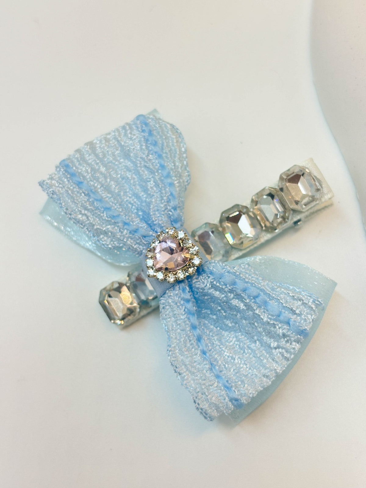 Embellished Sheer Lace Ribbon Bow Hair Clip with Central Heart Crystal