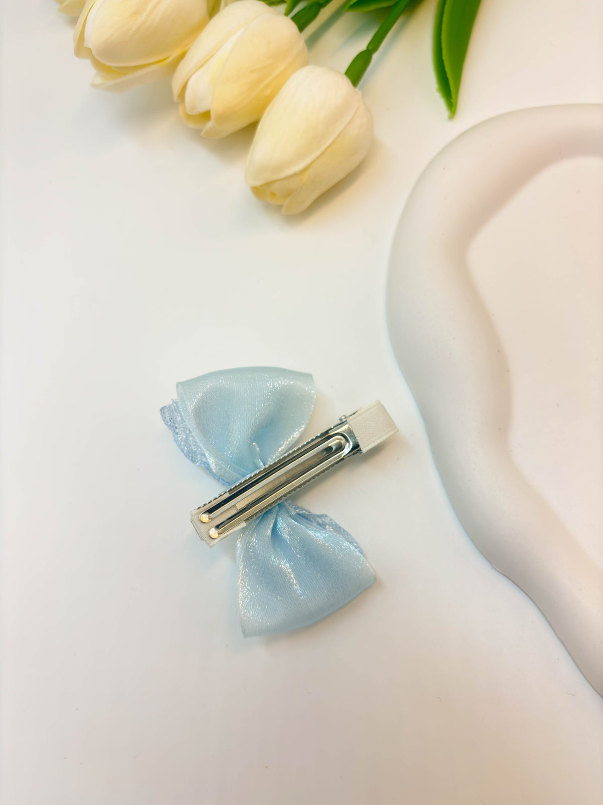 Embellished Sheer Lace Ribbon Bow Hair Clip with Central Heart Crystal