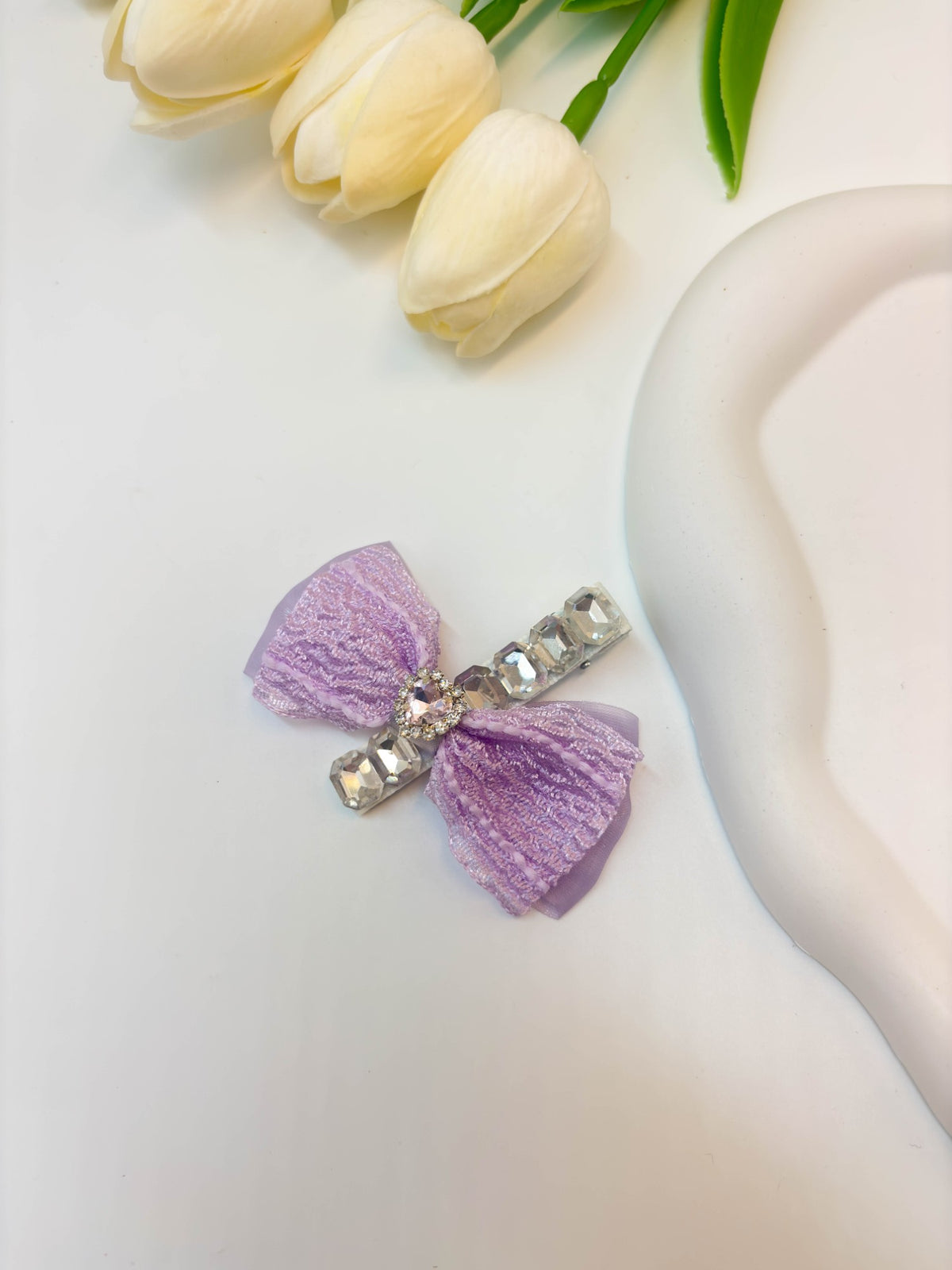 Embellished Sheer Lace Ribbon Bow Hair Clip with Central Heart Crystal