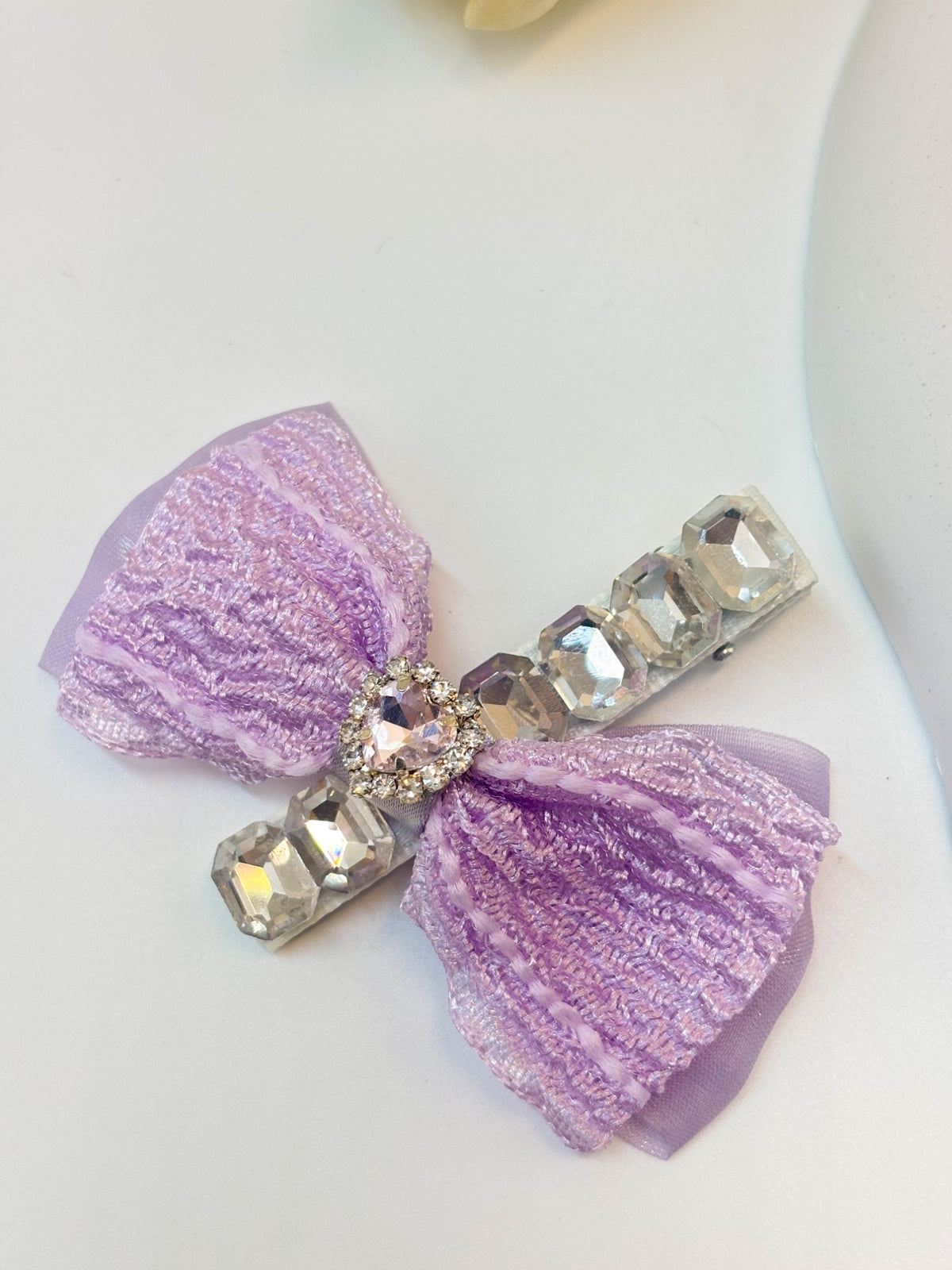 Embellished Sheer Lace Ribbon Bow Hair Clip with Central Heart Crystal