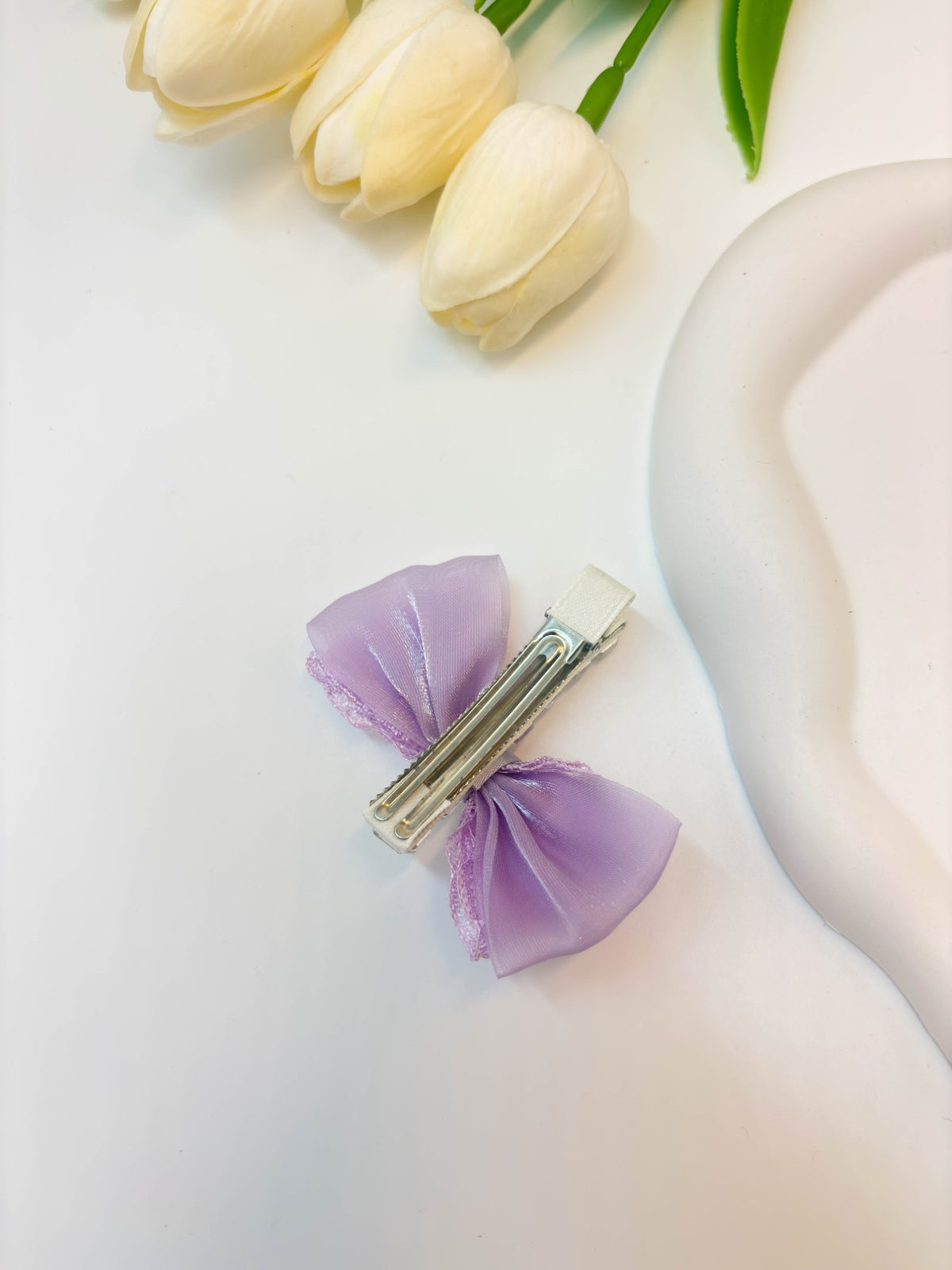 Embellished Sheer Lace Ribbon Bow Hair Clip with Central Heart Crystal