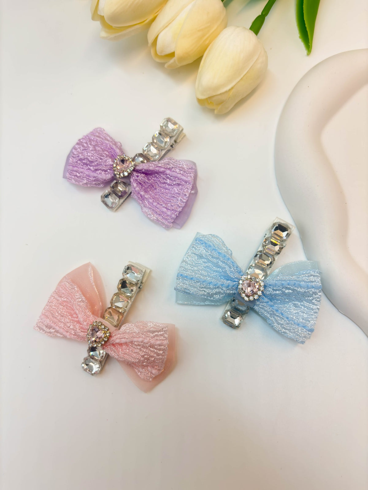 Embellished Sheer Lace Ribbon Bow Hair Clip with Central Heart Crystal
