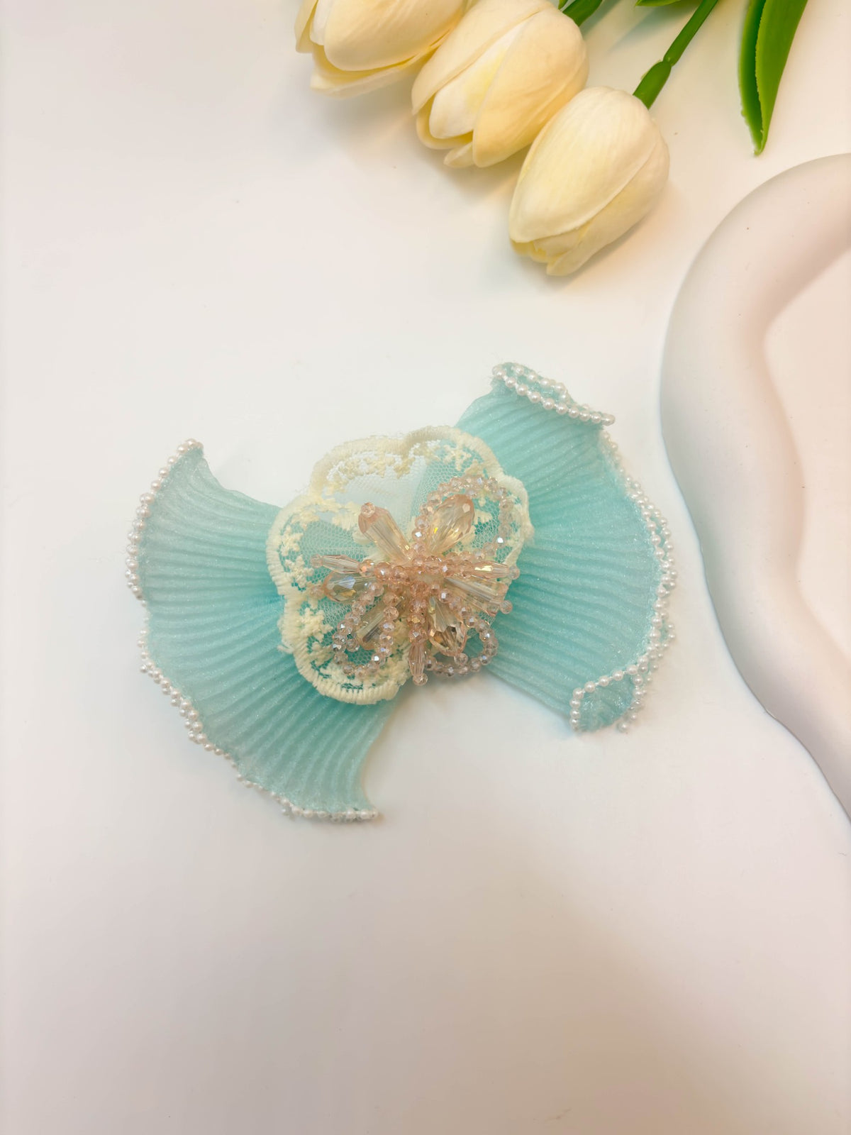Pleated Organza Bow Hair Clip with Crystal Burst Center