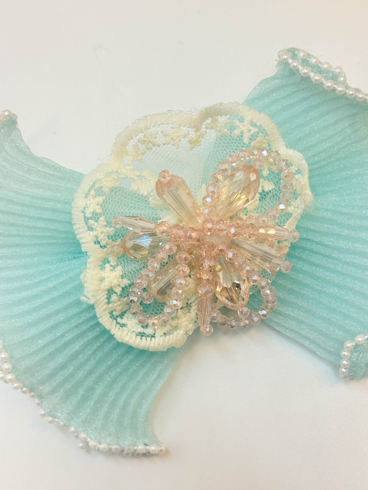 Pleated Organza Bow Hair Clip with Crystal Burst Center