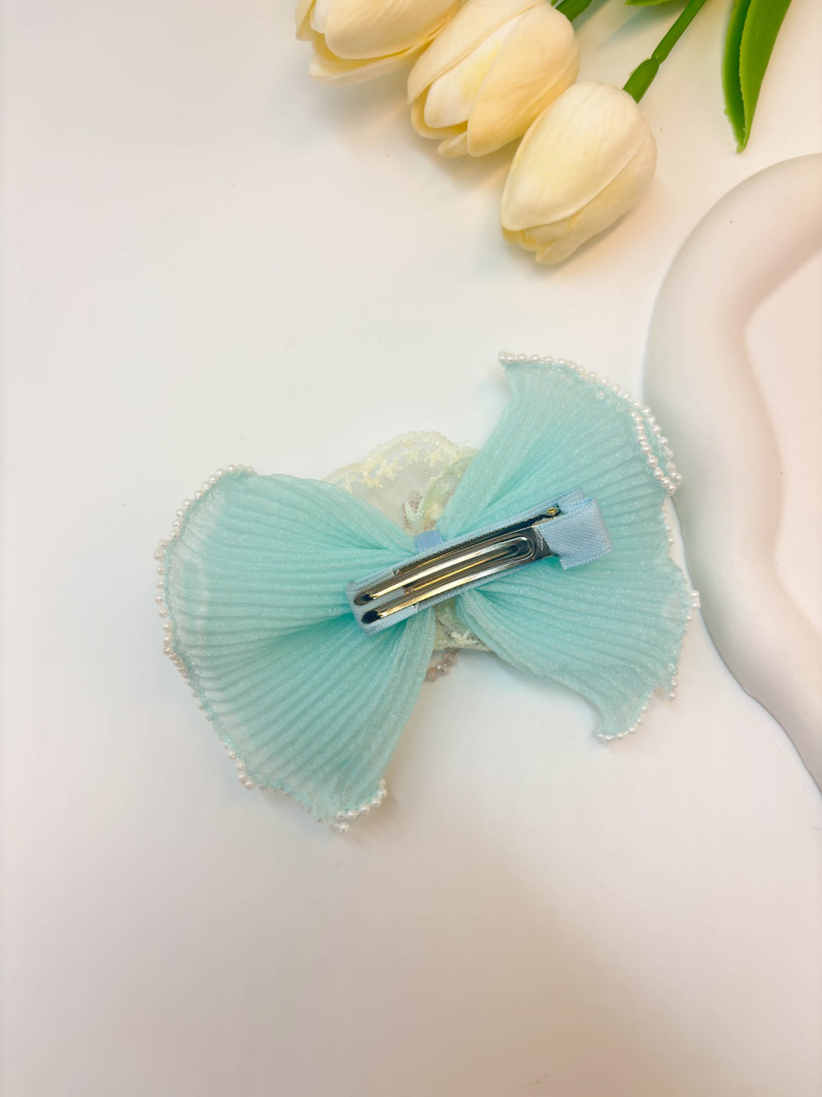 Pleated Organza Bow Hair Clip with Crystal Burst Center