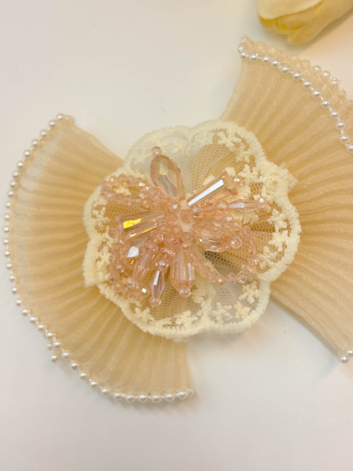 Pleated Organza Bow Hair Clip with Crystal Burst Center