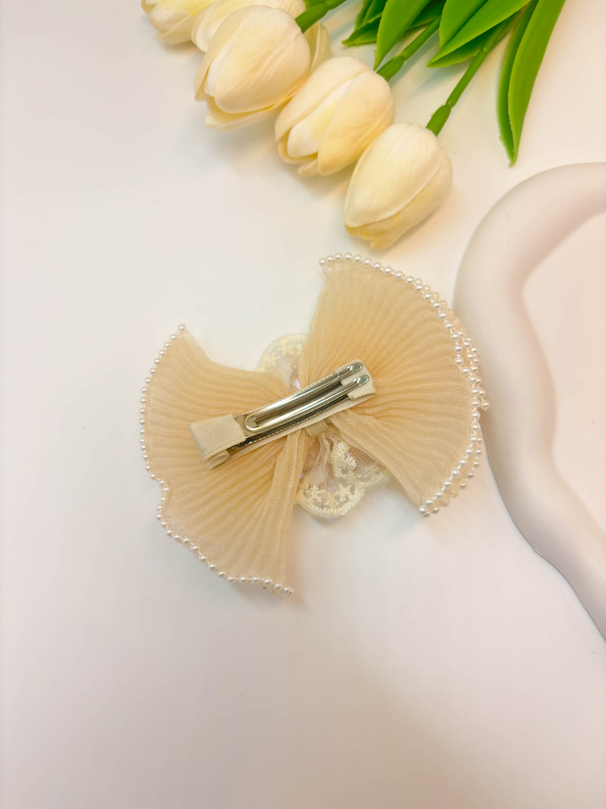 Pleated Organza Bow Hair Clip with Crystal Burst Center