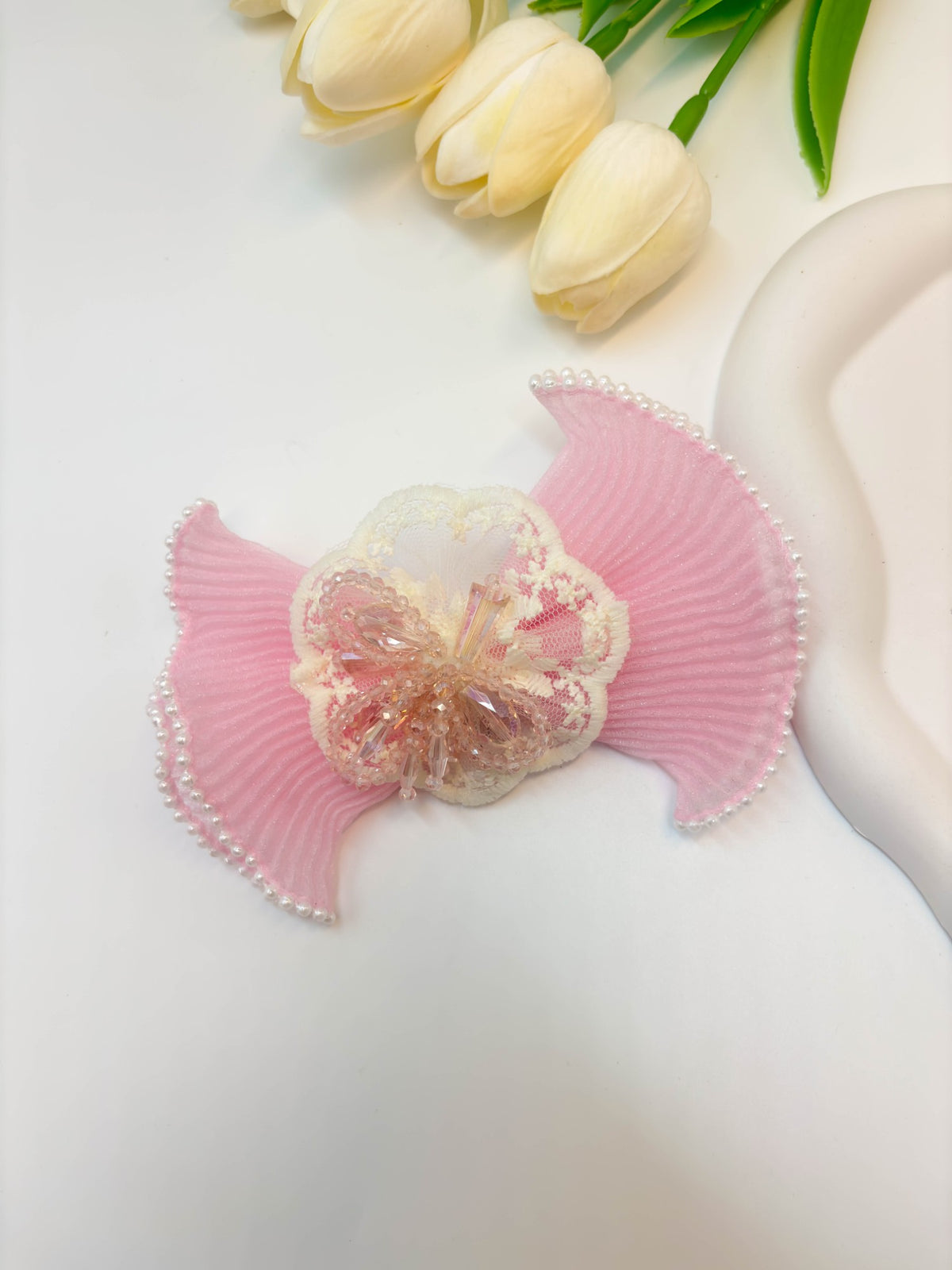 Pleated Organza Bow Hair Clip with Crystal Burst Center
