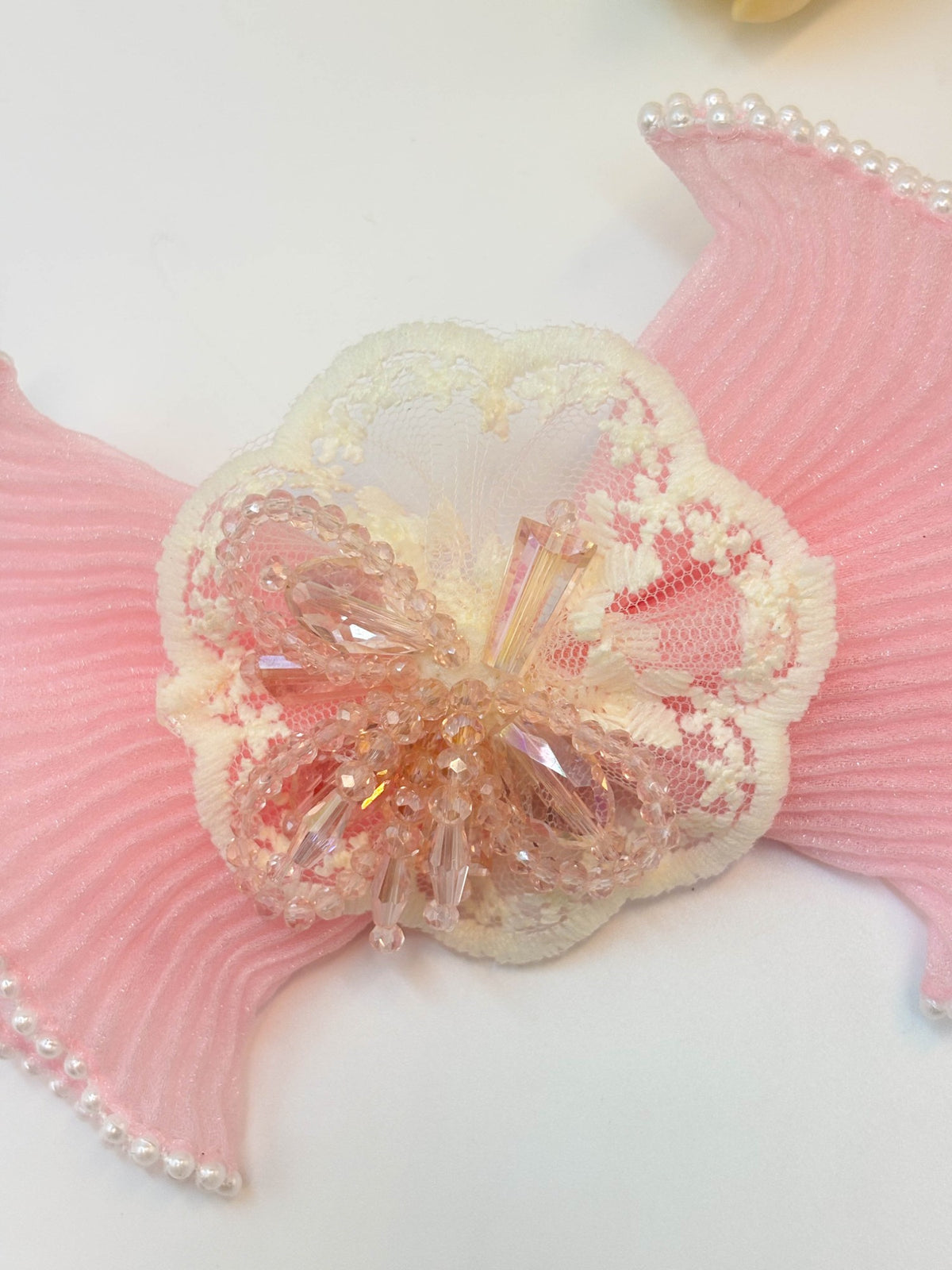 Pleated Organza Bow Hair Clip with Crystal Burst Center